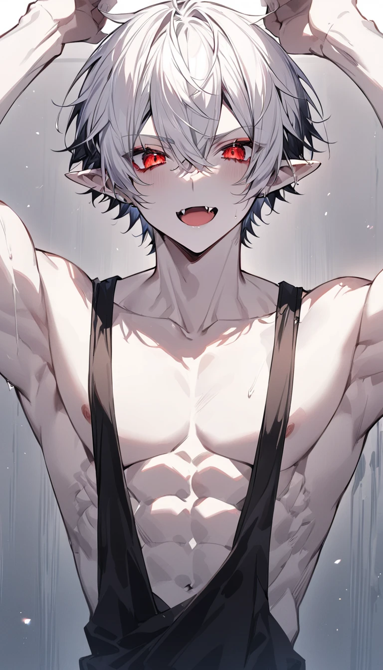 boy, white hair, long straight hair, red eyes, wild smile, sharp teeth, pointed ears, beige skin, white sweater, black suspenders, black cargo pants, red tribal tattoos, red facial tattoo, feather necklace, high details, high quality, 4K, HD, anatomically correct