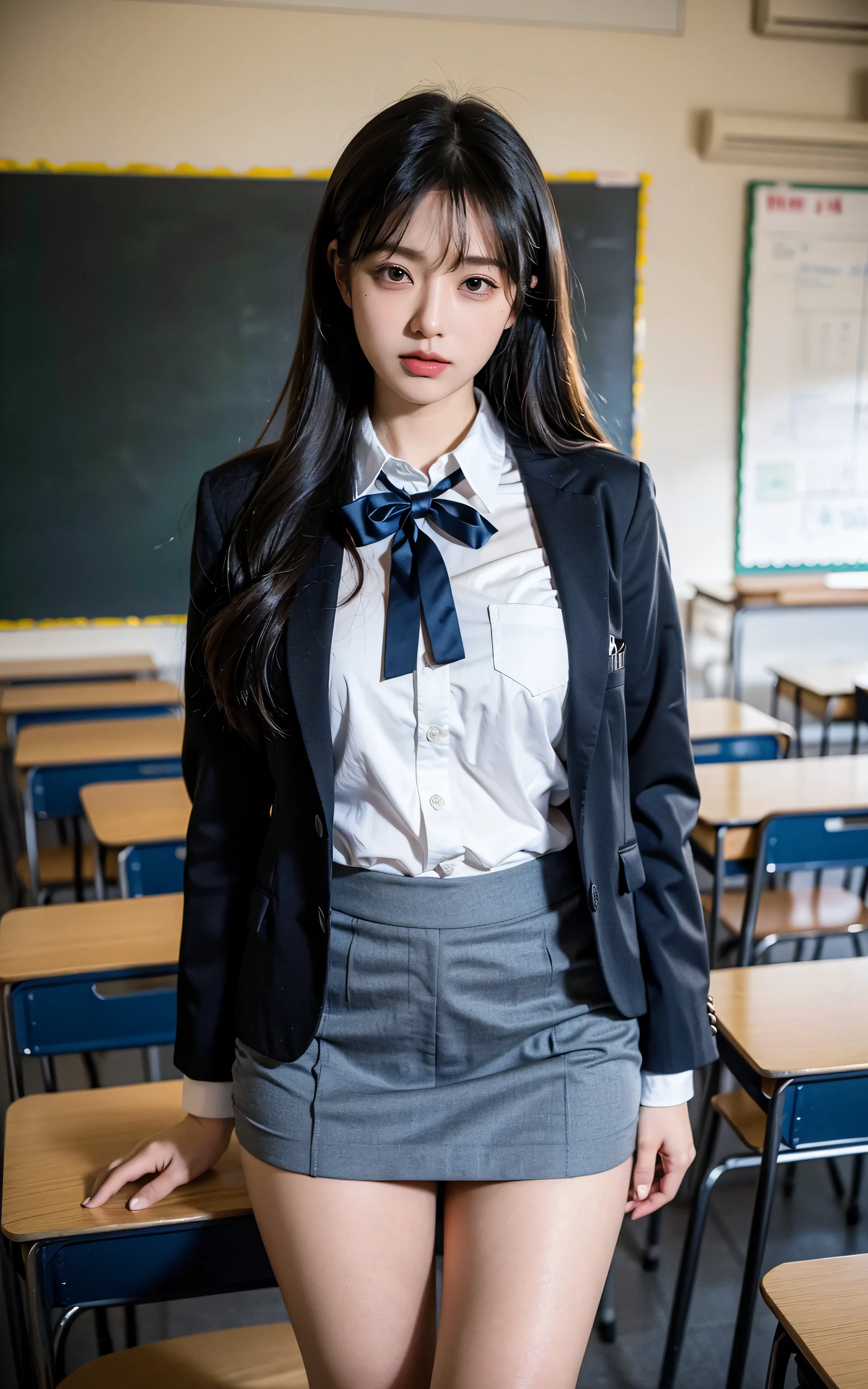 8K RAW photos, 17-year-old cool Korean, big round breasts, school uniform, tie, tie ribbon, blazer, skirt, beautiful eyes in detail, long eyelashes, beautiful double eyelids, eye shadow, slit eyes, sanpaku eyes, perfect eye makeup, evil smile, beautiful thin legs, bob cut, ponytail, various hairstyles, earrings, school classroom