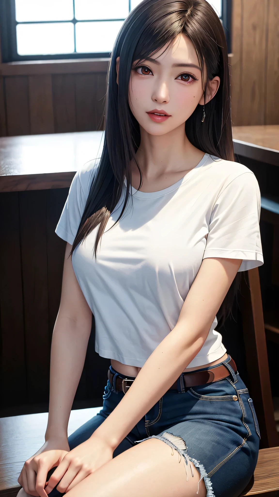 highest quality，((From the back))，woman，Blunt bangs，Black Hair，Short Crop Hair，Shiny Hair，With big eyes、blue，bright、Has a lively expression，健康的でbright肌の色，Small Mouth，Thick lips，whole body，Big Breasts，The thighs are a little thicker，Looking at the camera，Cinema Lighting，Oversized T-shirt，