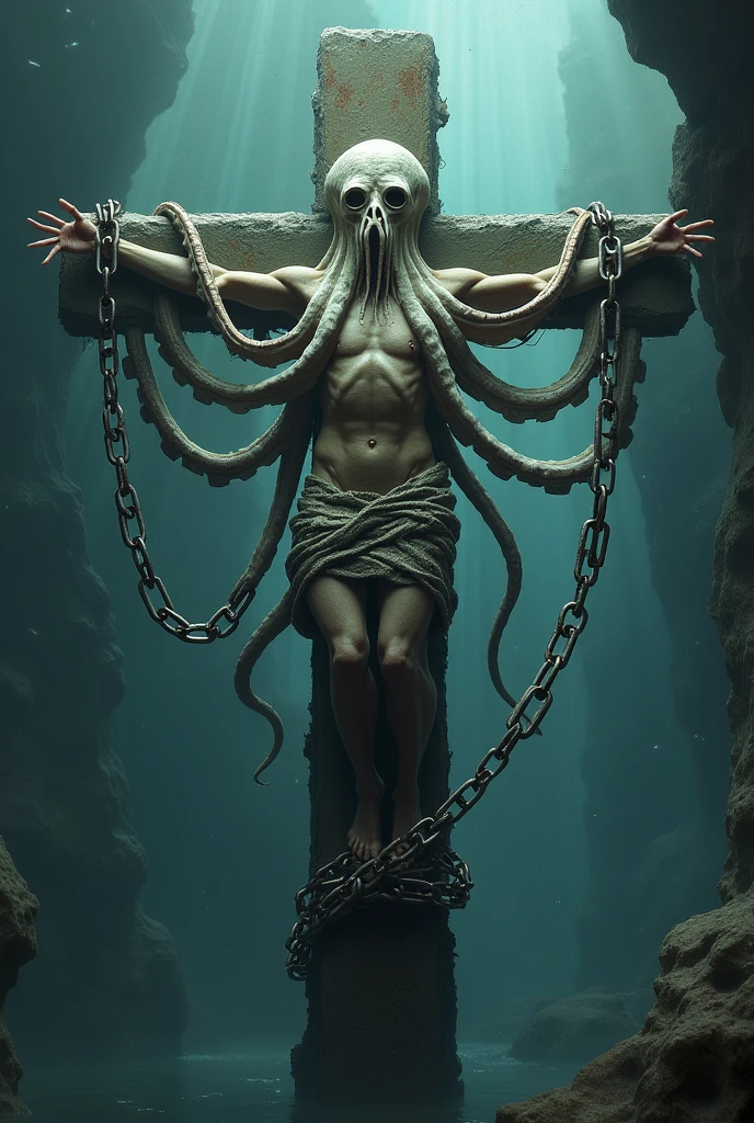 (extremadamente detallado, obra maestra, La mejor calidad), Estilo oscuro, intense illumination, rostro con arrugas, lengua larga, tentacle, deforme, monstruoso, interior de una piscina de agua verdosa, imagen submarina, alien con Colmillos finos, pico de pulpo amenazante. manchas de tinta. Rococo composition. Luz de caravaggio