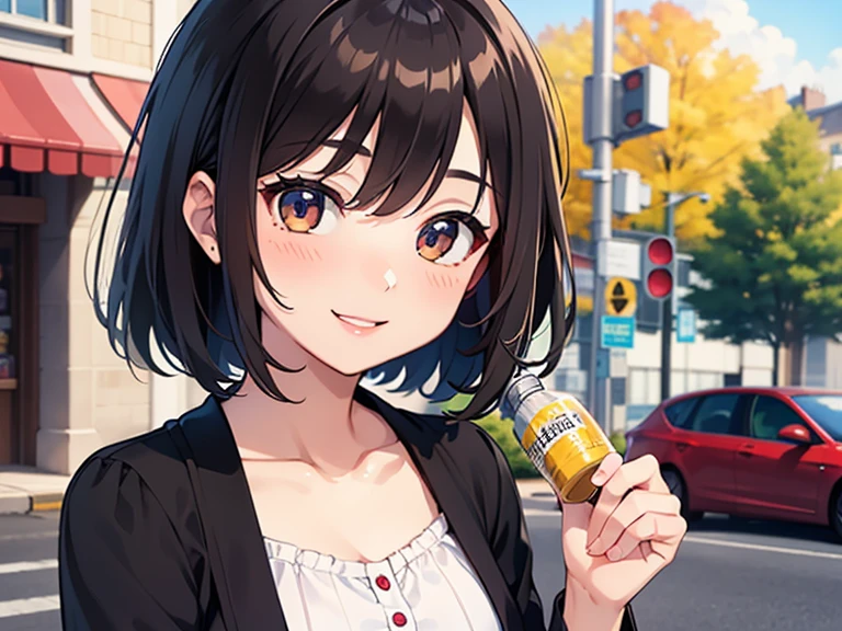 Kousaka honoka, night, train station, tight jeans pants,sweater top,arms behind back, short hair, hair ornament, crotch lines, upper body , cute girly belt、Eating around、Eating delicious food、Eating sweets with a smile