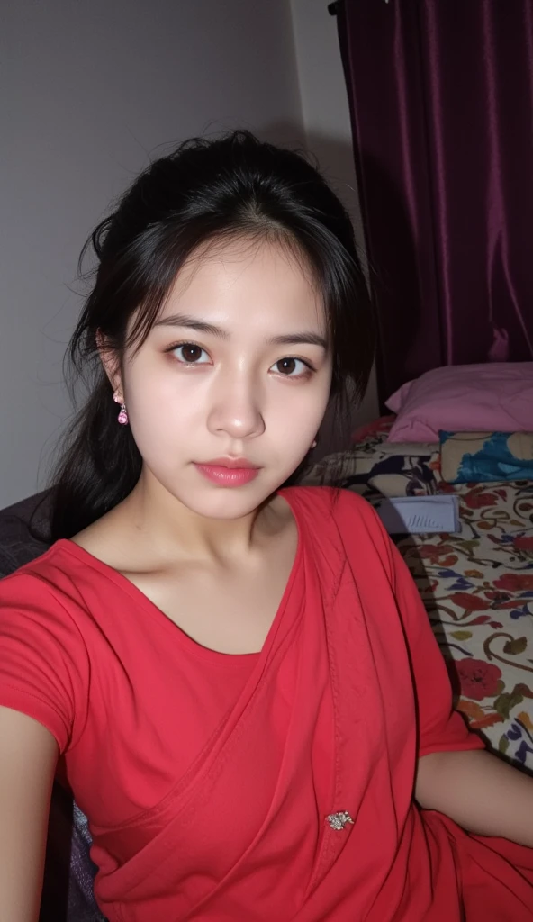there is a woman sitting on a bed with a cell phone, south east asian with round face, photo of the girl, portrait of modern darna, photo of a woman, with very thin lips, with round face, potrait, face picture, close up potrait, with accurate face, taken with sony alpha 9, picture, with short hair, big bobs, bobs, perfect breast, perfect bobs, a women no bra, no bra, Nipple, a transparant t-shirt, transparant dress, No Bra, 1 girl with no bra,
