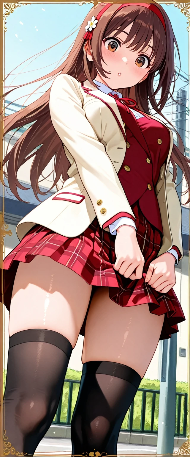 ((masutepiece, Best Quality, hight resolution, nffsw, Perfect Pixel,  4K, nffsw, nffsw))), 1girl in, Single, Solo, Beautie、full body seen、 ((Middle Wave Hair, Bangs, Brown hair)), ((Brown-eyed, Beautiful eyelashes, Realistic eyes)), ((Detailed face, Blushing:1.2)), ((Smooth texture:0.75, Realistic texture:0.65, Photorealistic:1.1, Anime CG style)), medium breasts, Dynamic Angle, Perfect body,  ((red bowtie, School uniform, , White shirt, Black skirt, plaid skirts))、train station stairs、Windy、Very embarrassing panic smile、turned around、I can see her ass sticking out in front of me...........、Looking up from the bottom of the stairs、 (The wind pulled up my skirt、Touch the skirt with both hands、、You can see all the buttocks、Pink floral panties)、