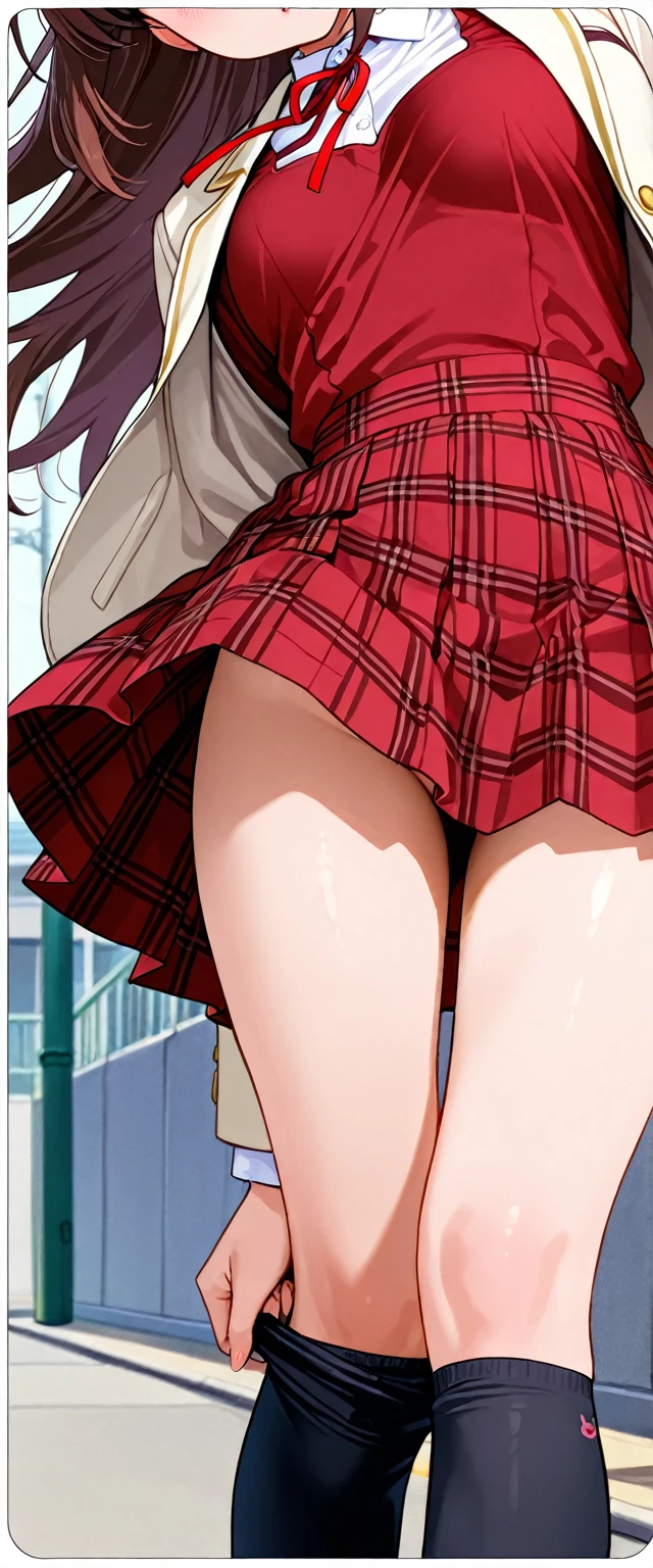 ((masutepiece, Best Quality, hight resolution, nffsw, Perfect Pixel, 4K, nffsw, nffsw))), 1girl in, Single, Solo, Beautie、full body seen、 ((Medium length wavy hair, Bangs, Brown hair)), ((Brown-eyed, Beautiful eyelashes, Realistic eyes)), ((Detailed face, Blushing:1.2)), ((Smooth texture:0.75, Realistic texture:0.65, Photorealistic:1.1, Anime CG style)), medium breasts, Dynamic Angle, Perfect body, (Santa Claus Costume、Red knitted hat、Red off-the-shoulder sweater、Long flared skirt)), Christmas Lights、Looking up from the bottom of the stairs、Very embarrassing panic smile、Open your mouth and make a surprised face、 turned around、bending forward、(The wind flipped my skirt and exposed my butt.................................................、stick out your butt、Touching the buttocks with both hands、Pink lace panties)、