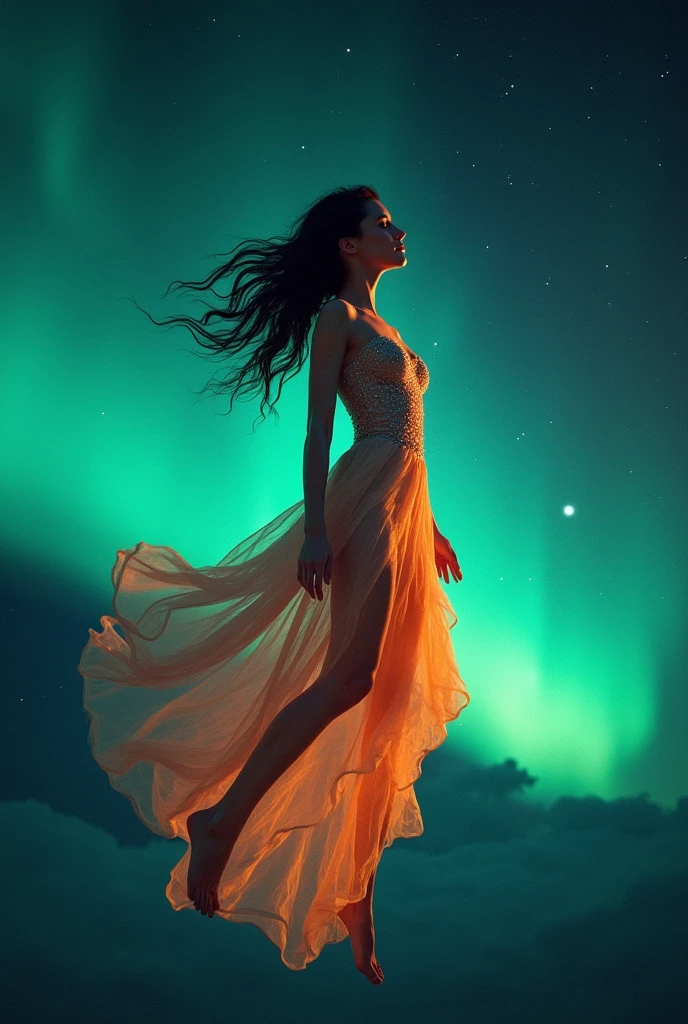 ((best quality)), ((masterpiece)), (ultra detailed), full body shot, indonesian girl, extremely beautiful, 20 years old, green curvy hair, ((hair blown by strong winds :1.3)), Award-winning photography, photography of teen girl, slim face, extremely beautiful, transparent dress, see through dress, white dress, long dress, belt, ((slim body)), ((wearing high-heels)), skin details, epic lights details, night at beach, stars, aurora Borealis, nebula sky, dark orange clouds, shooting star, model posing in the middle, thighs gap, standing with legs wide open, legs wide open, stockings, necklace with emerald, ((from below))