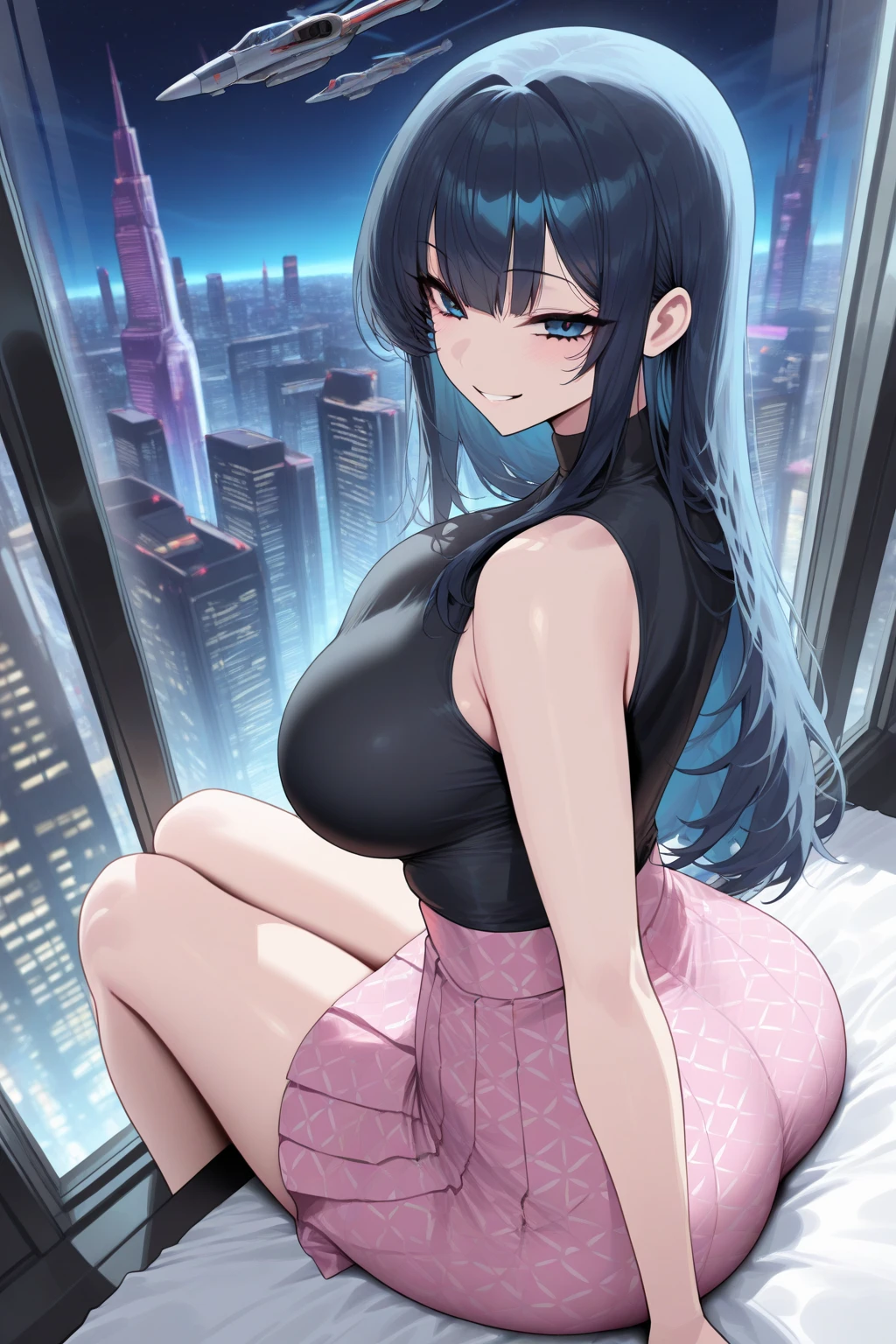 (masterpiece, best quality),1girl with long purple-black hair standing on the edge of a sky scraper, swedish face with sharp features, her hand under her chin, warm lighting, gothic dress,  glowing purple eyes, golden-tan skin,detailed-beautiful eyes