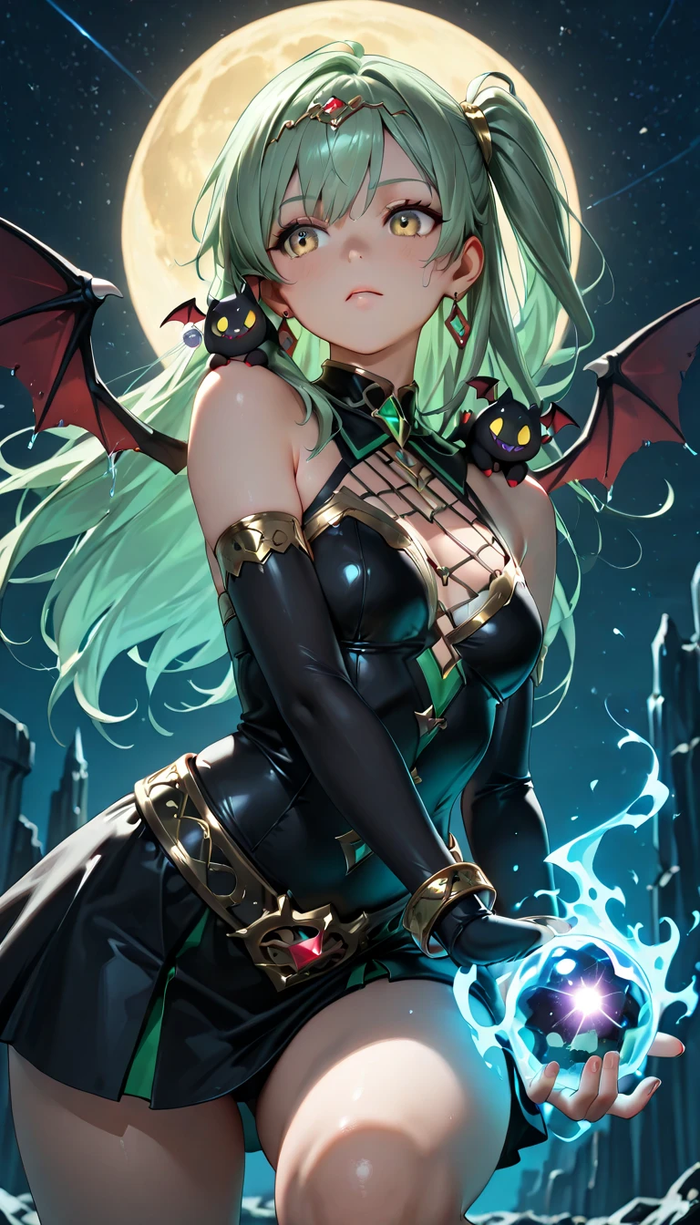 ((ultra detailed)), ((portrait))), HD, 8K, ((angled view)),BREAK,((1girl)), (solo), ((gorgeous sexy body)), BREAK, ((long hair)), ((emerald hair)), ((emerald eyes)), ((red lips)), ((vampire fangs)), ((amused expression)), ((evil smile)), ((pointed ears)), ((2 bat wings on head)), BREAK, ((revealing body armor)), ((black and green armor)), ((garter belt)), ((armored highboots)), BREAK, ((night time)), (red moon)) ,