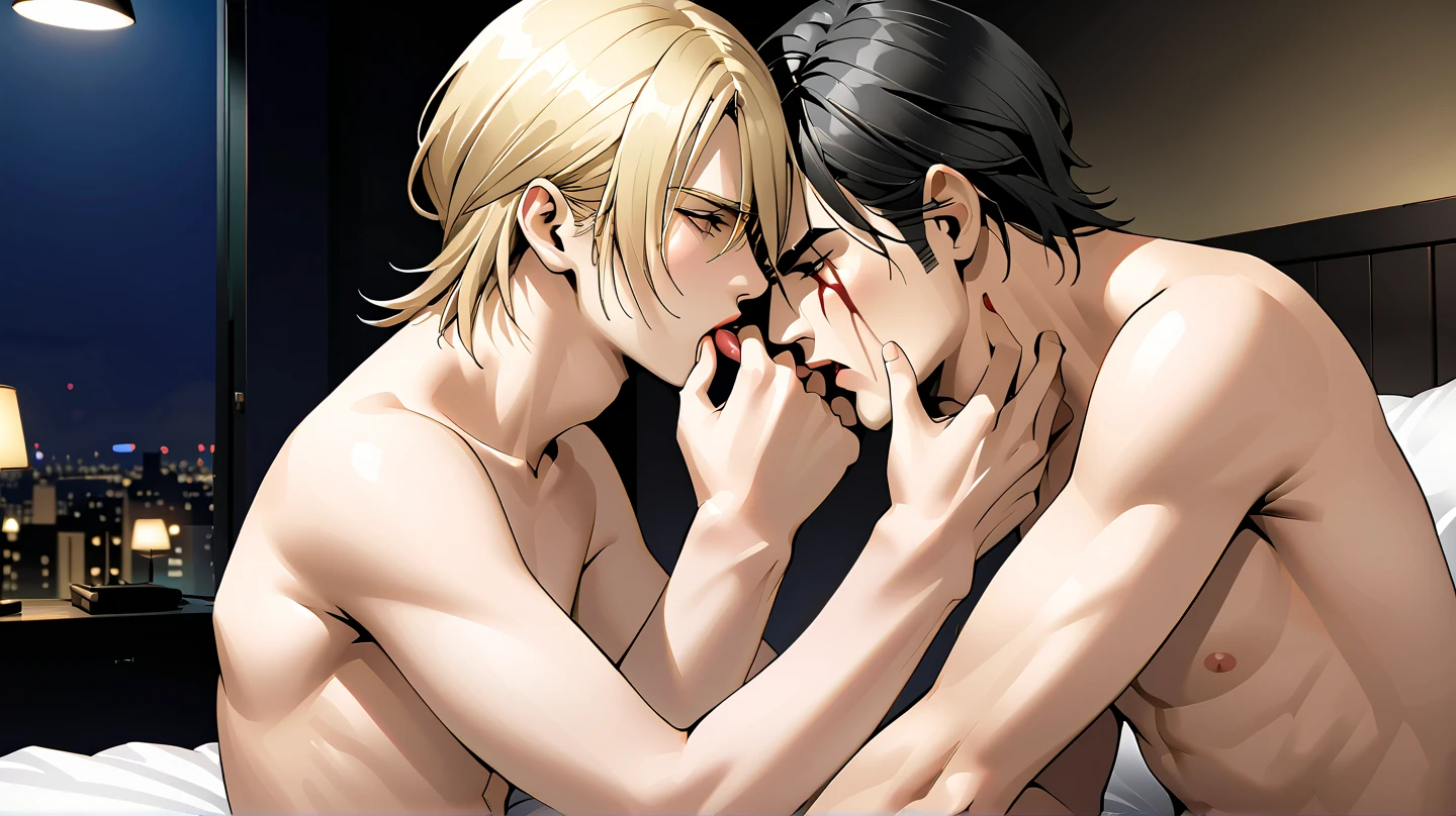 A couple of two murderous men are kissing. The man on the left is wearing only black pants. On his back, he has a skull tattoo. The man on the right is wearing only a butcher's apron. A bloody axe and very nice boxer shorts. He is wearing glasses and has blond hair. He is wearing white gloves stained with blood. Both men are very handsome and they are kissing passionately. They are covered in blood. The place they are in is a room dirty with blood and there are several viscera and bodies on the floor. The floor is covered in blood. There are some corpses hanging on hooks. The image has to be in anime with a touch of horror.