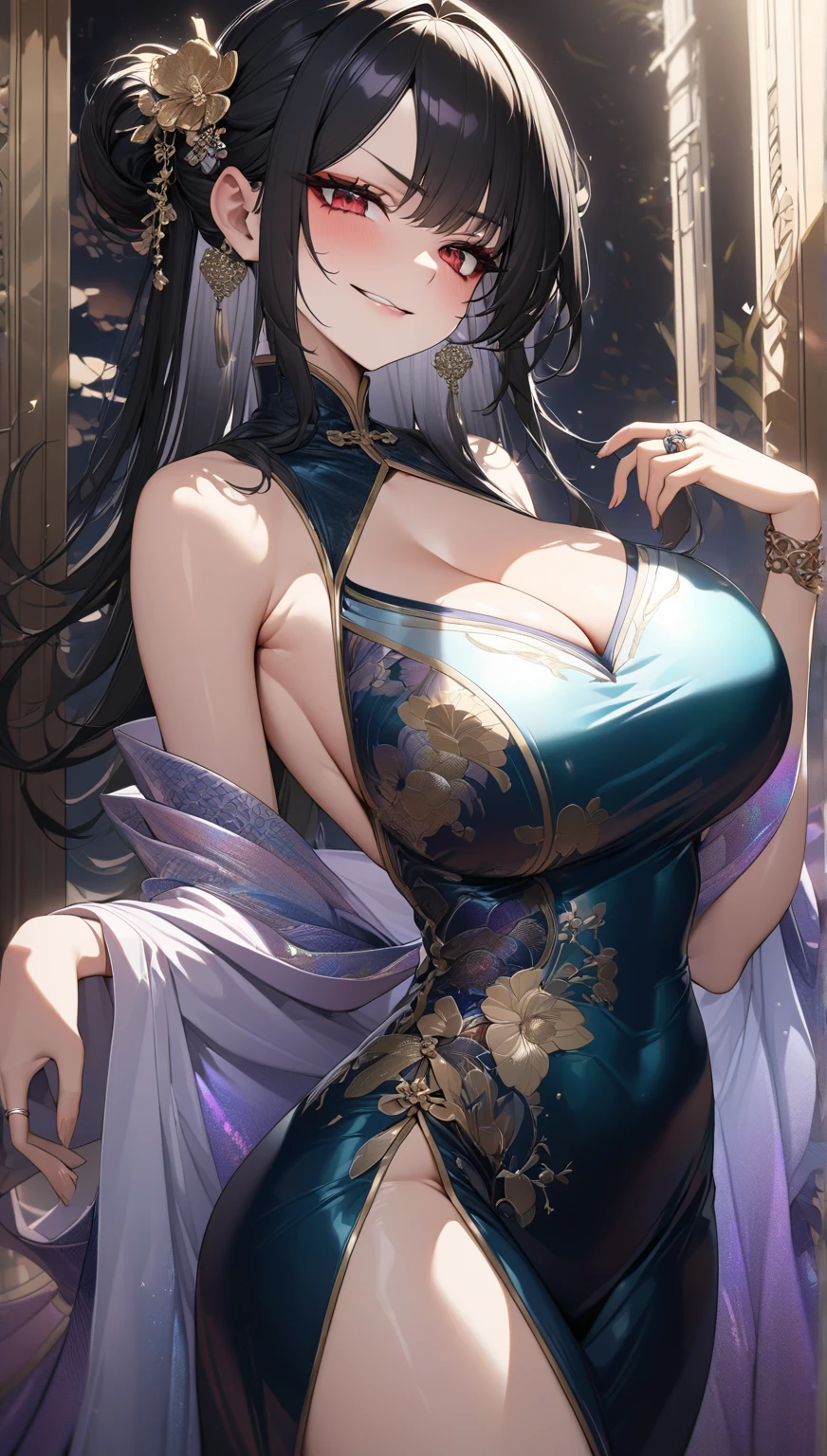 best quality, masterpiece, absurdres, low angle shot, Chinese fantasy, ancient Chinese mythology, 1girl, solo, eye candy, perfect female anatomy, super beautiful, elegant, sexy, detailed beautiful face, smooth skin, nice figure, nice proportions, sexy stunning body, detailed eyes, fine details, big boobs, cleavage, seductive, bare shoulders, long ponytail, bangs, sensual, attractive, wearing a luxurious sheer halter neck vibrant color party dress, deep plunging, translucent robes, jewelry, reflections, ultra fine details, , indoors, grand hall, luxurious, expensive, royalty, queen, figure in frame, cinematic