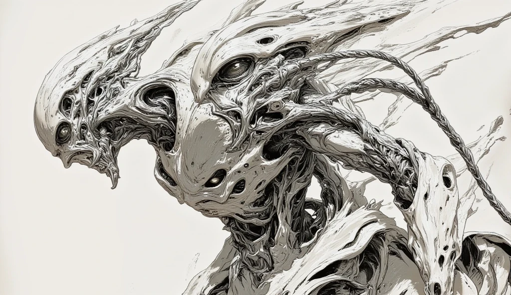  ((best quality)), ((masterpiece)), (detailed), an alien creature, (hr giger inspired), (velociraptor form), pale, milk-white skin, translucent skin, smooth skin texture like a dolphin, no hair, (head like a porpoise), round head, (bulbous head), (xenomorph head), (atrophied eye sockets), (smooth face), (bright prominent gums), (a long tongue like an elephant trunk coming out of the mouth with a squid-like beak at the tip), (protrusions along a skeletal ridged back), (breathing holes on the chest), elongated limbs, a tail that splits into three tentacles, (tentacles with spikes instead of suckers), (walking on long skinny arms), where the legs would be is another set of arms that are used for grabbing, H R Giger, Clive Barker's The Thing, xenomorph, predator, Engineer, dinosaur, sci fi horror, cosmic horror 