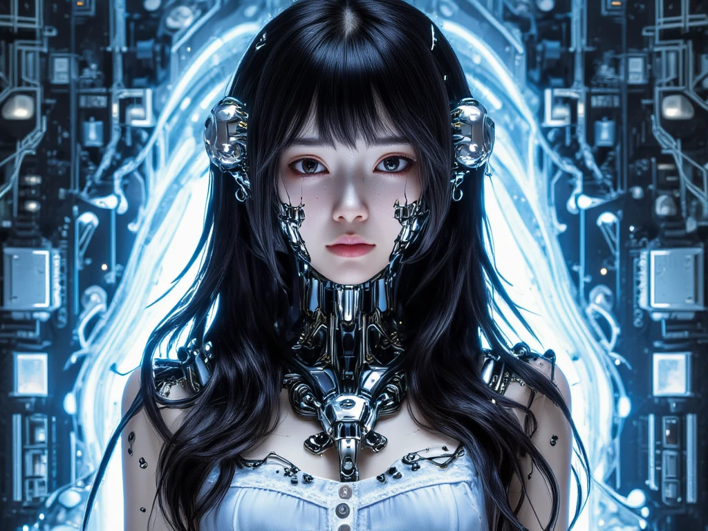 HighestQuality、A masterpice、UltraHighResolution、(photorealestic:1.4)、Raw photo、女の子1人、Black hair、glowy skin、1 Cyberpunk Girl、((hyper-realistic details))、portlate、Global Illumination、Shadow、Rendu octane、8K、ultrasharp、HugeBoobs、Raw skin is exposed in cleavage、metals、Details of complex ornaments、Sumerian details、high intricate details、Realistic light、CGSoation Trends、purple colored eyes、glowing eye、Facing the camera、neon details、Mechanical limbs、blood vessels connected to tubes、Mechanical vertebrae attached to the back、mechanical cervical attaching to neck、sitting on、Wires and cables connecting to the head、Small LED lamps、Glowing tube、