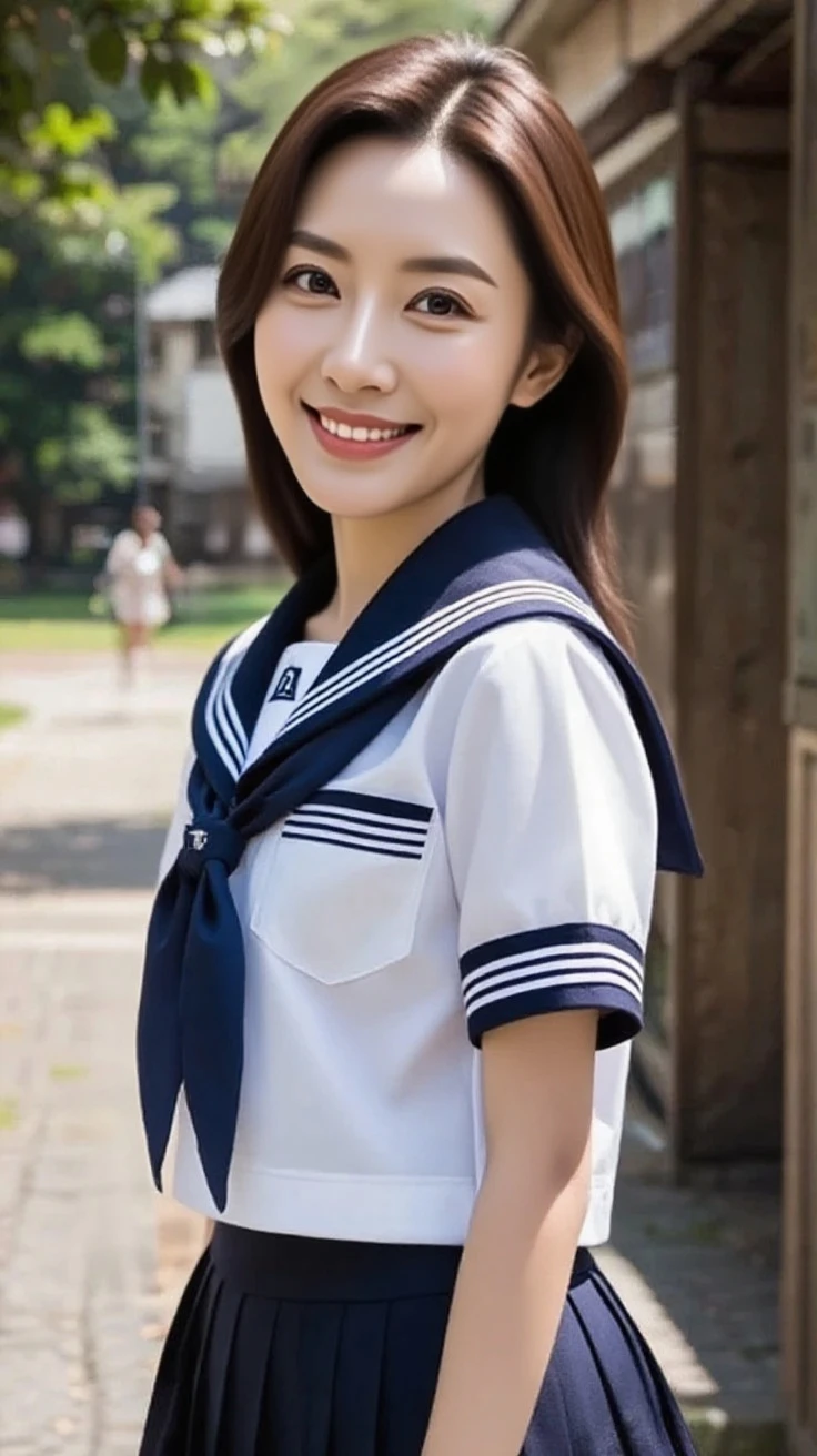 neat college girl, (school uniform, sailor uniform, ribbon tied at chest, summer uniform, upper body white, skirt is navy blue), outside the athletic field, (slim), photorealistic, detail, skin texture, ultra detail, delicate and sexy collarbone, smile, super detailed face, detailed lips, detailed eyes, double eyelids, small breasts, small breasts, small, flat breasts, breast emphasis