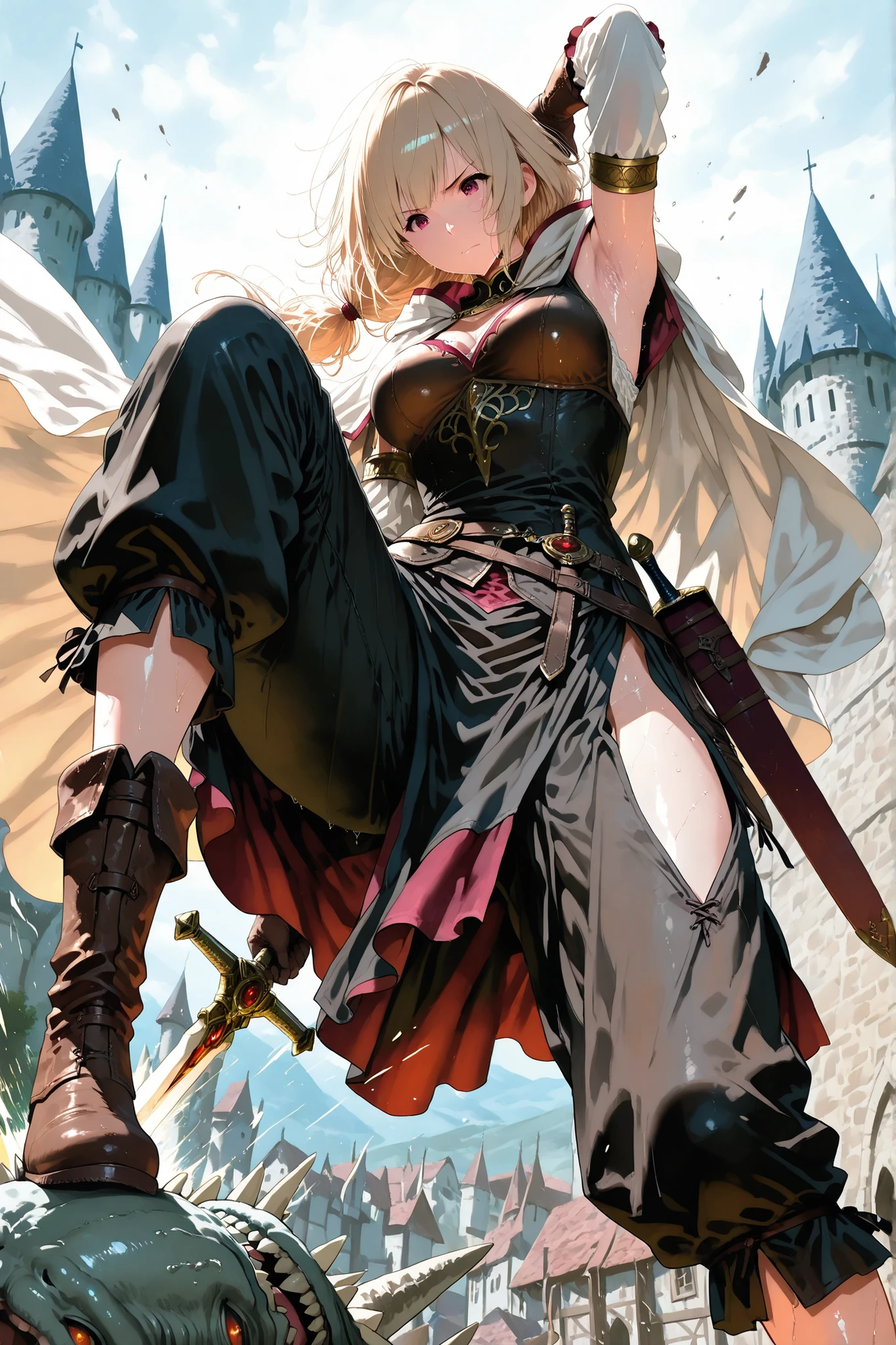 Masterpiece, 8k, fantasy world, female character, 1girl, high detailed cotton side slit black tunic, (wind blows), (wide pants), glove, boots, slender body, medium breasts, pigeon toed, white long cloak with hoodie, long hairstyle, thin blonde hair, many items, cinematic lighting, dramatic atmosphere, intricate details, vivid colors, fantasy landscape, medieval castle town, digital art, holding a long sword, magic portion, hip bag, (slashed attack:1.3), midday, (attack the khaos monster:1.3), (She dances with her sword, slashed down khaos monster one after another:1.3), battle scene, (dynamic action pose:1.2), spread legs, knee up, sweaty armpits, dynamic angle shot,