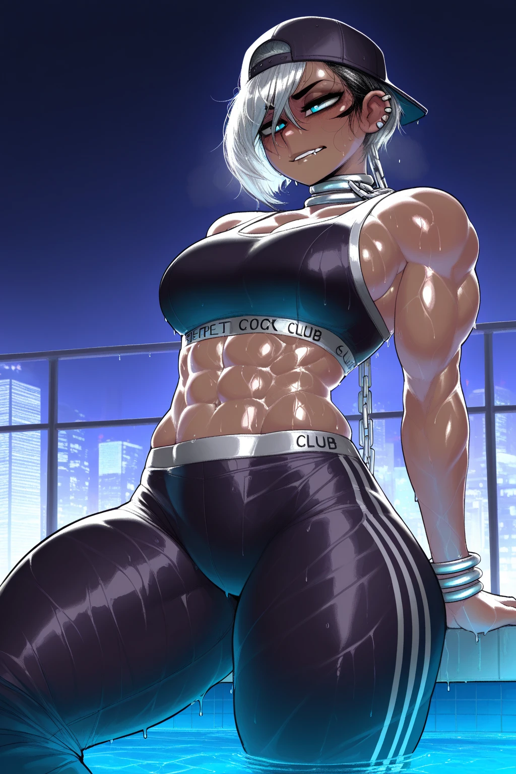 (((masterpiece、Highest image quality、highest quality、highly detailed unity 8kwallpaper)))、((Illustration of one girl))、(((beautiful girl)))、((white hair、short hair、crew cut:1.7、light blue eyes))、(((stocky build, thickset physique, muscular legs, broad shoulders, solid chest:1.6)))、swimsuit、sandy beach