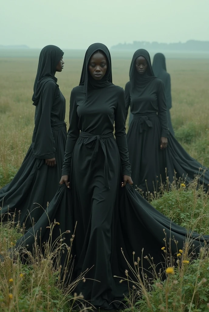 A Muslim dominant woman wearing a hijab, She has black leather boots on her feet. Only the woman's eyes are visible. Anklet on woman's ankle, There is a key in the anklet. There are naked black male slaves kneeling in front of the woman. In the sky : Mistress Salome" writes.