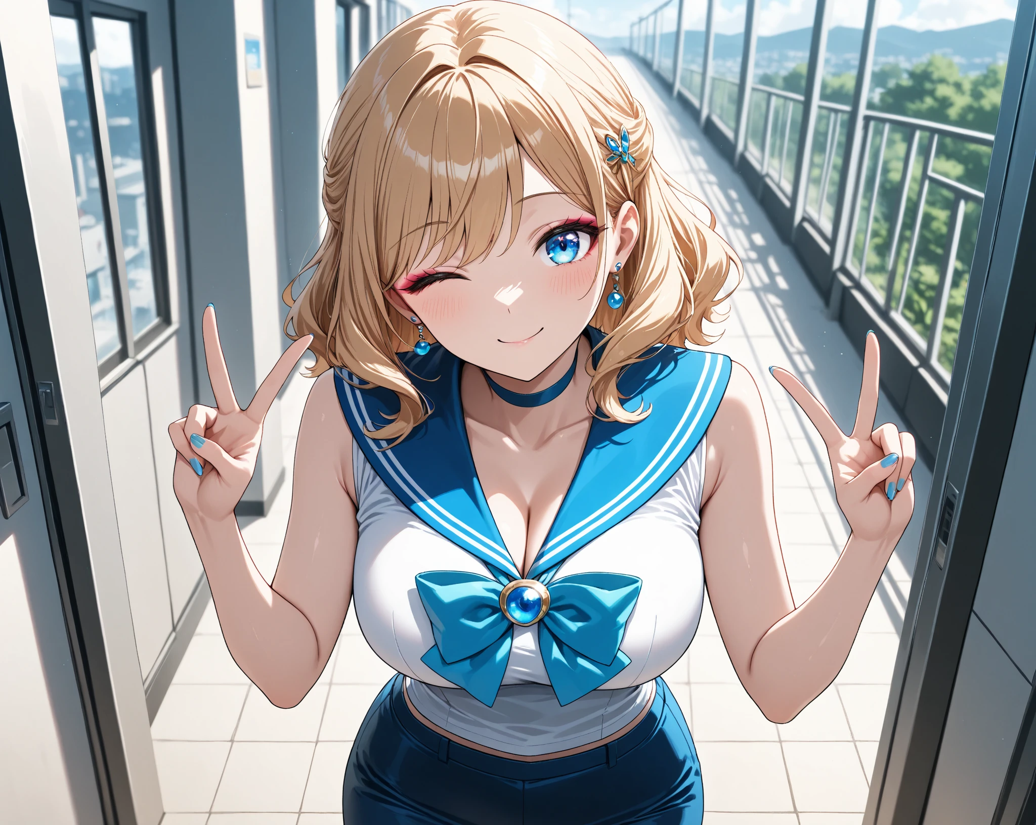 ((One girl)), Beautiful Face,An evil smile,Blushing,Glossy Lips,Abstract, Night Observatory, ((Anime style background)),masterpiece, highest quality, so beautiful, Absurd, up to date, Complex details, Pink long nails,AI-generated, Complex,High resolution, highest quality, super high quality,3D Images、View the viewers、3D Images,one person,Long Blonde Hair,High Ponytail,blue eyes,Anime girl posing for photo, [[Fine grain、Colorful eyes、Shining Eyes:1.15]],(Squint your eyes:1.1),a hyperRealistic , hyperRealistic , Realistic , blonde anime girl with long hair, Smooth anime CG art, Beautiful anime school girl,White long sleeve blouse,Blue checked skirt,Big blue chest ribbon, Earrings,(Large Breasts:1.3),Mature Body,tall,Big Ass,Fine details,Abdominal muscles,(Look Back),Stick your butt out,Put your hands on your face,peace sign