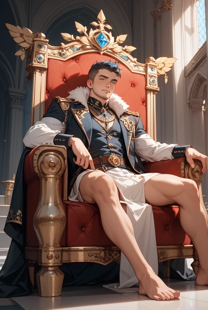 white hair boy, very detailed pink eyes, serious look, White skin, muscular, sexy, barefoot, wearing short white shorts, Sitting in an armchair