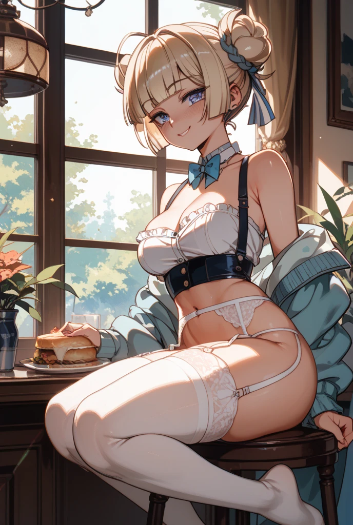 (Naked:1.4), (See-Through Lingerie:1.3), (Blushing:1.4), Smile, Cowboy Shot, ((A Cup)), Full Body, Underwear, exposed breasts