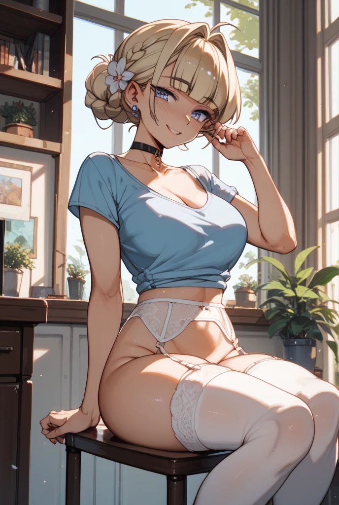 wide sexy hips, messy top bun, bodysuit with stockings, blonde hair