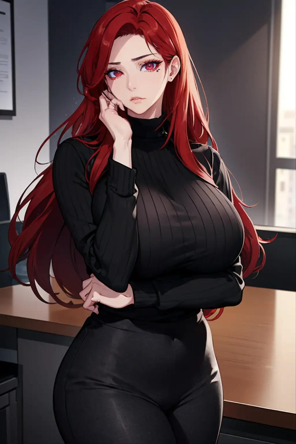 (Uhd, Masterpiece, Textured Skin, Super Detail, High Details, High Quality, Best Quality), Detailed Face, 1woman, mature pretty woman, (Tied red hair), (black top crop shirt with sheer sleeves), (black pants), (Huge Body:1.5, tall), standing, (Low-sized breasts), (Office room)