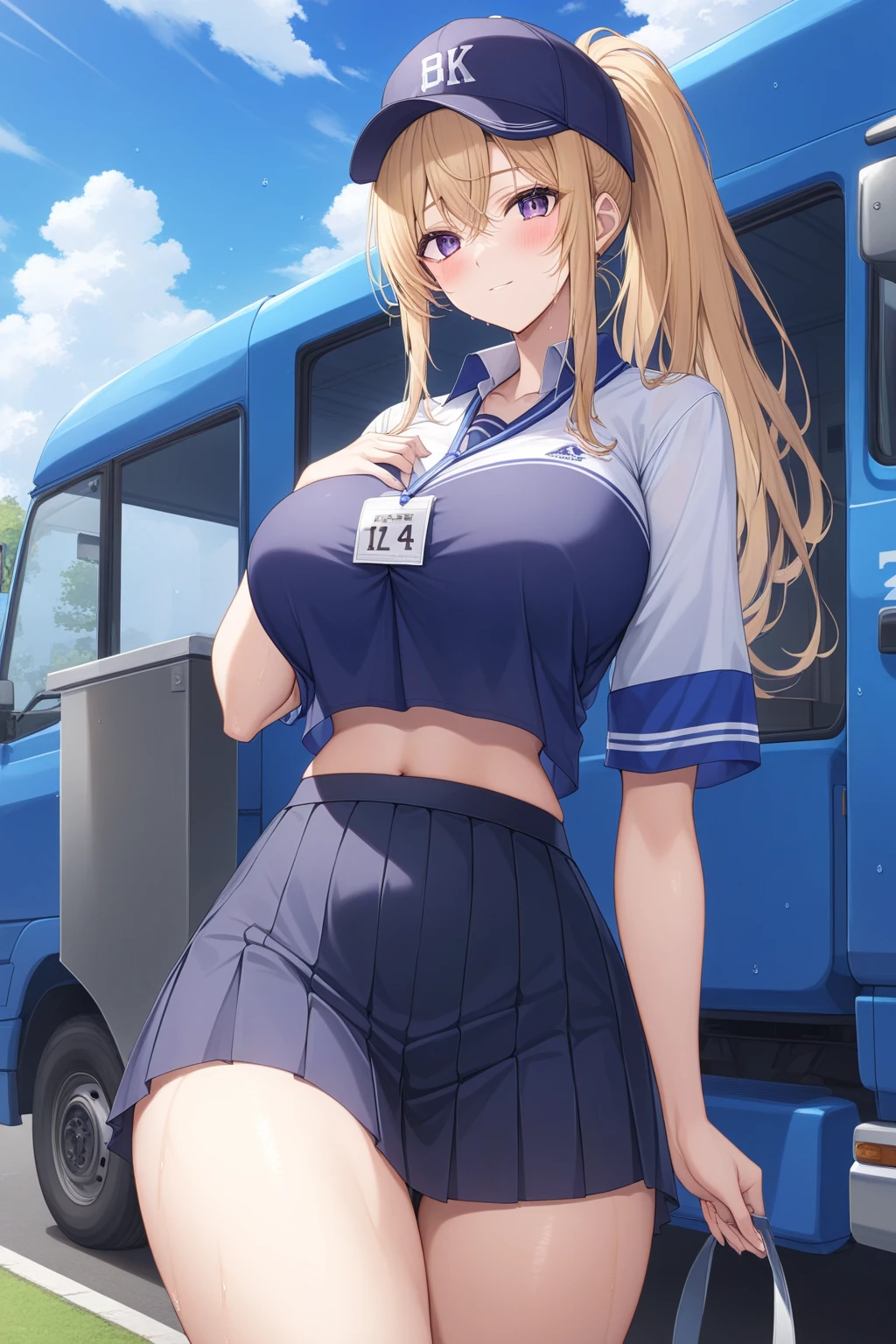 masterpiece, best quality, high quality, beautiful anime character, solo, anime girl with brown hair, long hair, car ears, blue eyes, big breasts, mature female, big girl, light smile, outdoors, almost full body, (sailor uniform, ribbon, pleated skirt), white thighhighs, (flower on head), sitting, (long cat tail), fluffy hair, (thick tummy),