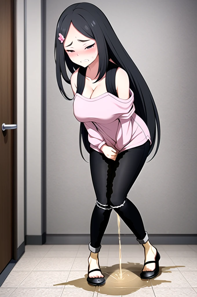 A woman with very long black hair, (very long hair:1.25) and (long bangs:1.5), wearing a stylish jacket and jeans (low-cut jeans:1.5), (low-rise jeans:1.5), standing. The artwork is inspired by manga and incorporates a doujin style. The woman appears to be (wetting herself:1.5), which causes her to feel embarrassed and humiliated, resulting in a blush on her face. In addition, there is an air of anger in her expression. The lighting in the scene is moody, with a spotlight highlighting the woman's figure, Her arms are crossed (crossing arms:1.5), showcasing a very large pee stain that covers almost the entire front of her pencil jeans., large breasts, cleavage, skinny
