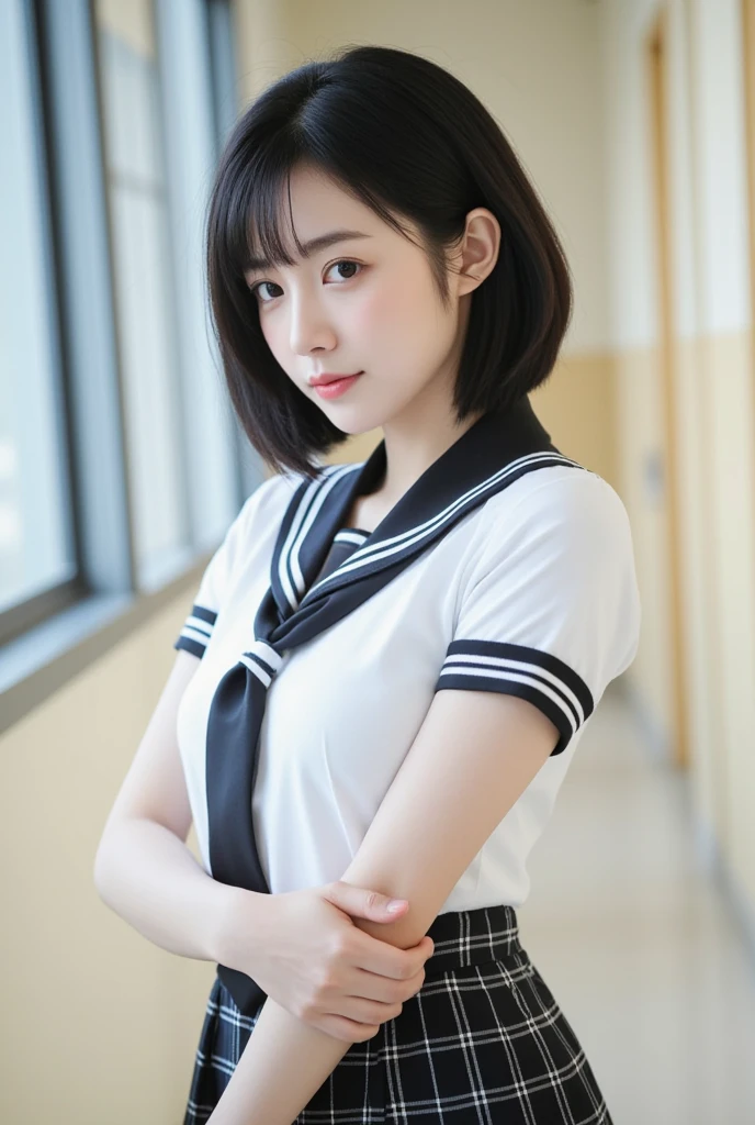 1girl, bangs, black_choker, black_hair, blue_sailor_collar, blue_skirt, bush, choker, collarbone, day, earrings, flower, jewelry, lips, looking_at_viewer, outdoors, plant, pleated_skirt, potted_plant, road, sailor_collar, school_uniform, serafuku, shirt, short_hair, short_sleeves, sitting, skirt, smile, solo, stairs,
