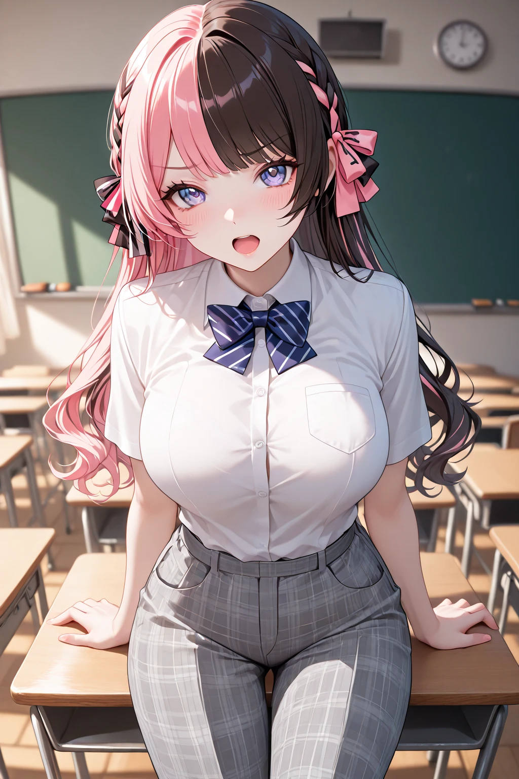 (((Upper Body))、(((Accentuate your breasts)))、Highest quality, 8k, masterpiece :1.3)), whole body, Sharp focus :One Girl,Glowing Skin,Sexy pose,Highest quality,Tabletop,shape,Very delicate and beautiful,Hmph,8k壁紙,wonderful,In detail,Official Art,Very detailedなティッカーUnity 8k壁紙,Unbelievably ridiculous,Large file size,Very detailedな,High resolution,Very detailed,Beautiful detailed,Realistic,X-ray,The queue is full,(((セクシーなUniform Blazer、mini skirt)))、(((Big Breasts、Pink Hair)))、(((School、classroom)))、Stand upright、Cleavage , ((Pink Hair))、Beautiful belly button、Uniform Blazer、exy pose、Hairstyle: Twin tails、both hands、Cross your arms