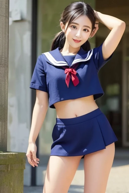 (8K、RAWE Photo、highest quality、masterpiece:1.2)、(real、photorealistic:1.37)、1 beautiful japanese girl 、perfect body、18-year-old、Sexy  uniform、(Photographing the subject from below)、(((Medium Boob:1.8, sagging breasts:1.8, underboob、Are thin)))、underboob、oily skin:1.5、thin、 (Sexy uniform with a slight view of the underside of the chest)、((visible underboob、Uniform with visible ribs and belly button))、Super miniskirt visible、((look at the audience))、spread legs、Very blush, (red ribbon),