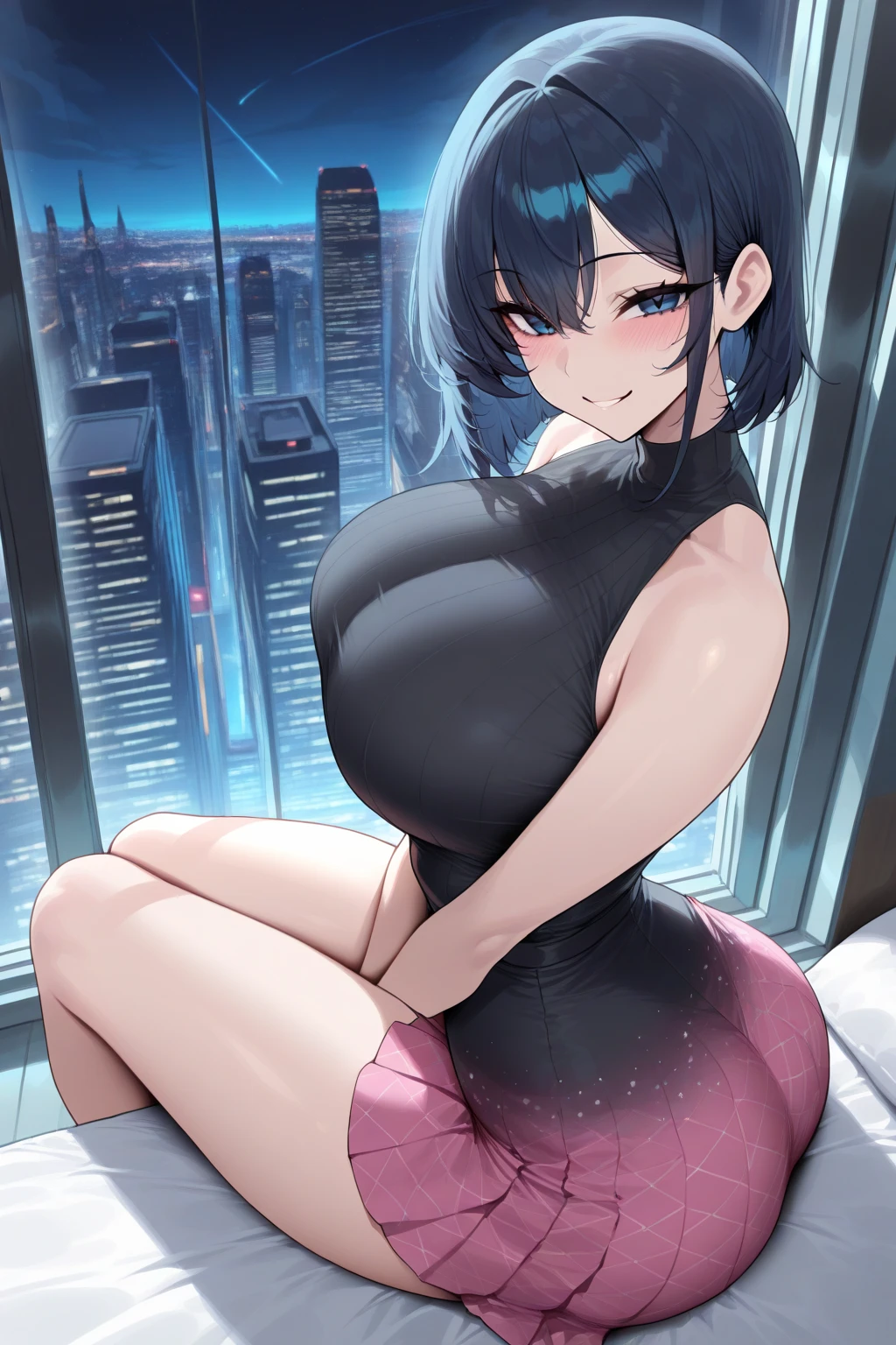 (((masterpiece))), ((best quality)), (giantess art) , highly detailed giantess art, 4k, perfect lighting, detailed skin, perfect face, hyper realistic detailed 2d anime art, 1girl, adult,black hair, blue eyes, light smile,large breasts, wide hips, open shoulders,open top, black shirt, skirt, pantyhose, stand, bend over, tiny city on the table, AddXL, 