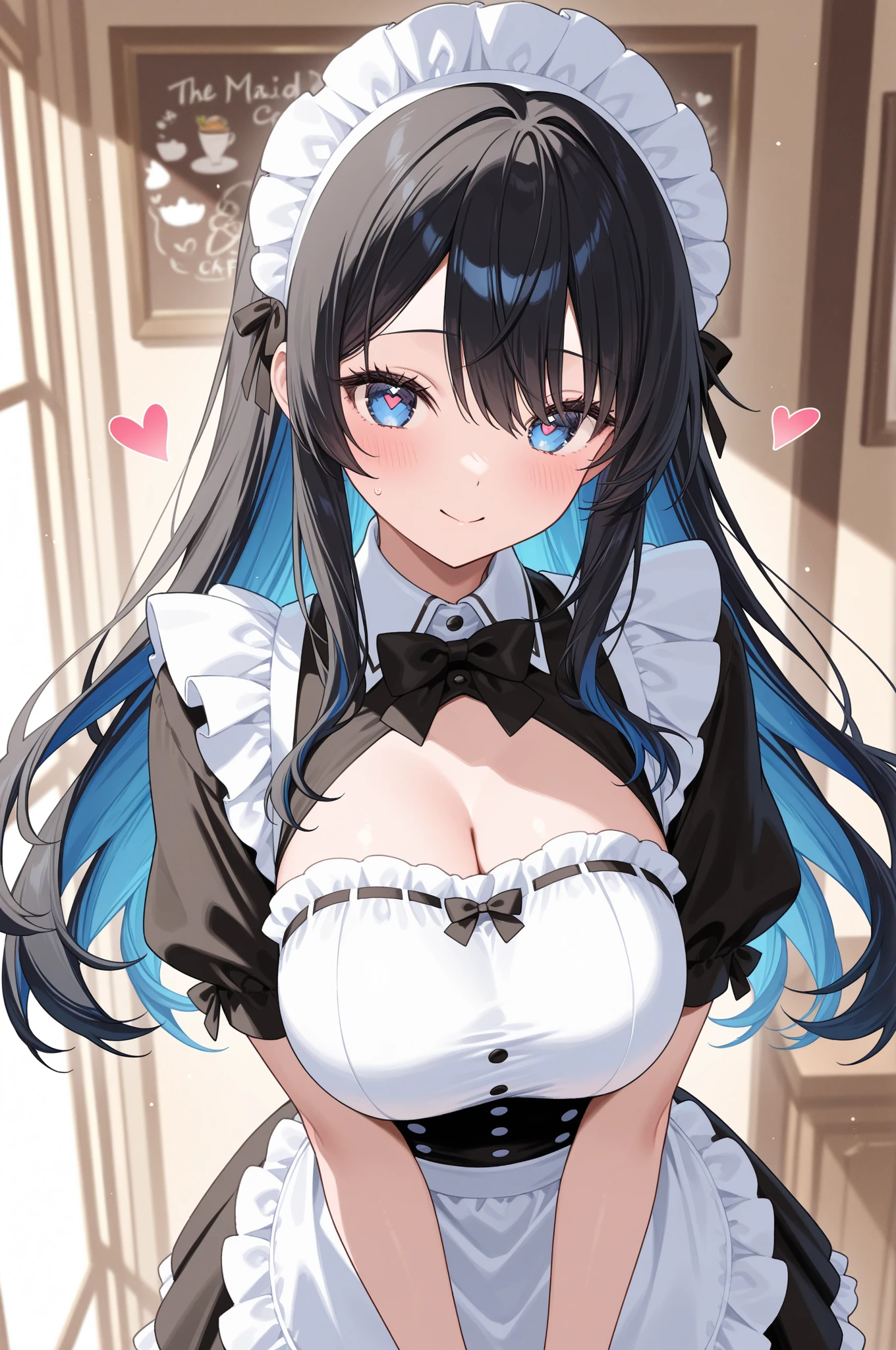 A maid girl is forced to have sex,(Long Black Hair)、Blue Eyes,(hair over one eye)、(cute)