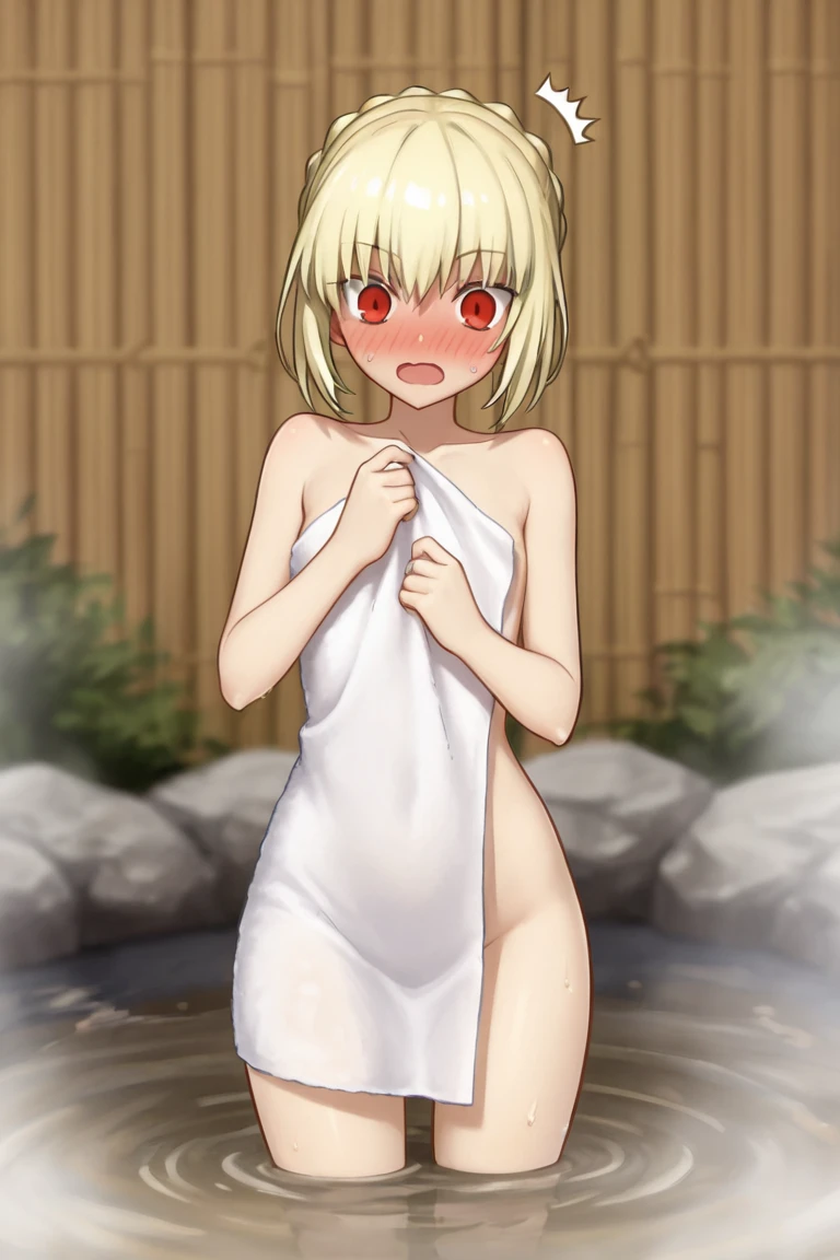 best image quality、high quality、18-year-old、1 girl, masterpiece,A woman relaxing in a hot spring,Towel naked、Soak up to the shoulders、,look up at the moon、Satisfied look,Beautiful inspired light,Elegant water flow,a soothing atmosphere,Quiet and calm background、moon glare, perfect lighting, 、Bokeh, written boundary depth, blurred background, Senzoku Nishikigi、Blonde short bob、red eyes、
