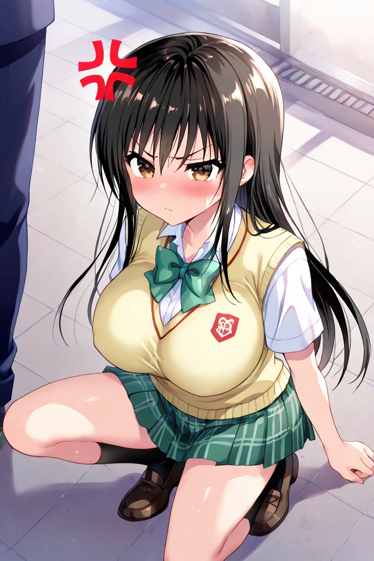 1girl, futaba rio, seishun buta yarou, Ash gray hair, massy hair, large breasts, skinny, , ponytail, hair_scrunchie, sweater vest, beige vest, white shirt, short sleeved shirt, red tie, pleated skirt, black high socks, loafers , tegaki, multiple boys multiple penis, (cum, cum on hair, cum on clothes, excessive cum, pojecile cum, facial, bukkake,  from multiple cocks, face in large amounts of semen:1.4), 
kneeling, closed mouth , from above, close eyes, frown, disgusted face, Mosaic on the crotch, 
masterpiece, best quality, very aesthetic, absurdres, highly detailed
