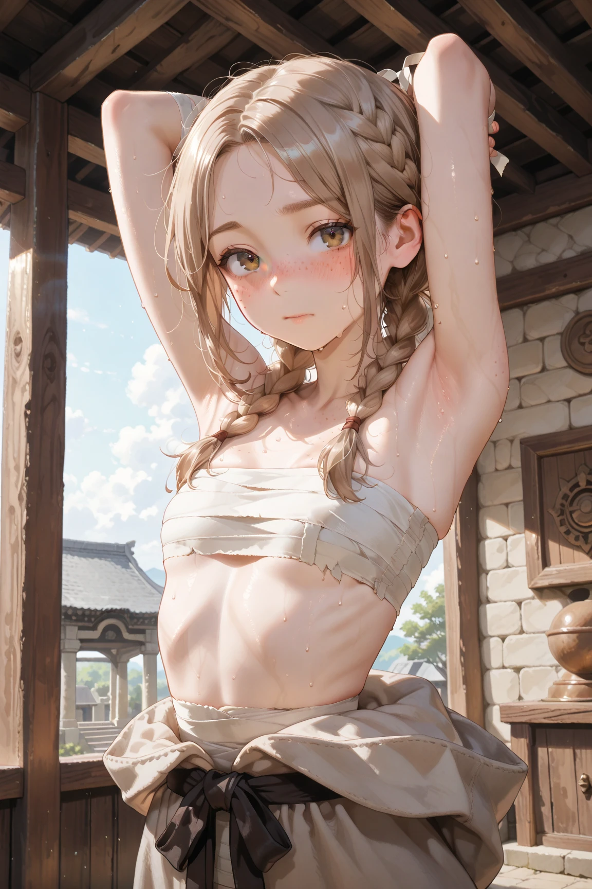 ((best quality)), ((masterpiece)), (detailed), 1girl, (big forhead:1.2),extremely detailed cute anime face, (((flat chest))), (flat chest:1.1),((((long twin braids,tight braids,long braid,braided hair,long hair)))),intricate eyes,beautiful detailed eyes,symmetrical eyes,(((detailed face))),beautiful detailed lips, looking at this, (((embarrassed))),(horrified expression),(panic),(crying),highres,(best quality),(ultra detailed,extremely detailed),perfect face details, ((masterpiece:1.4, best quality))+, (ultra detailed)+, long twintails, cute girl, (flat chest:1.1), small breasts, slim body, skinny, (narrow hips), prominent collarbones, skinny arms, flat stomach, visible hip bones, long hair, red hair, white hair, blonde hair, dark hair, ponytail, thick ponytail, heavy ponytail, small breasts, perfect face, small breasts (flat chest:1.1), NSFW, Detailed body,Full limbs,NSFW, (flat chest:1.1), nude