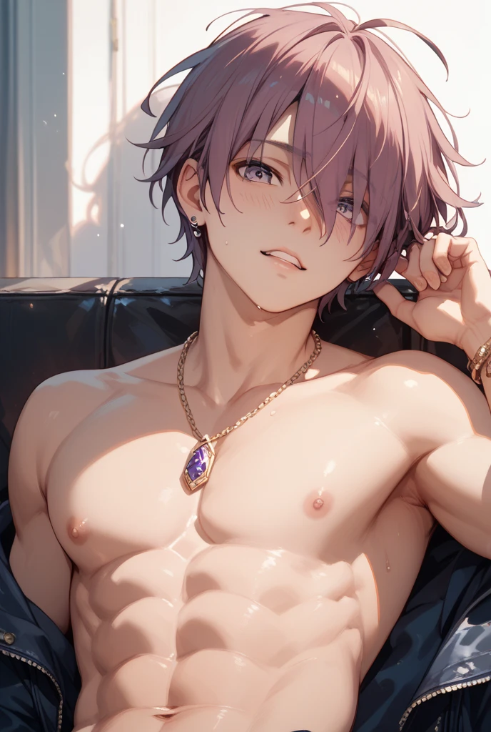 (masterpiece, best quality), 1boy，younge boy，???'s face,Children's faces，Juvenile faces，Lying on a huge amethyst stone，Amethyst Cave，infancy，Young age，Be red in the face，Short round face，Flat chin，Pink briefs，musculous, Short purple hair with a very light color,Heterochromatic eyes in gold and purple, 复杂,Black collar， nakeness， Skinny briefs,Pectoralis abdominal muscles，cleanness，vivd colour,(depth of fields:1.2),(abs),The upper part of the body，looking at viewert，Lying on a huge amethyst stone，Lots of amethysts，Asian people,chineseidol，upperbody closeup，the night，No light source，spreads her legs apart