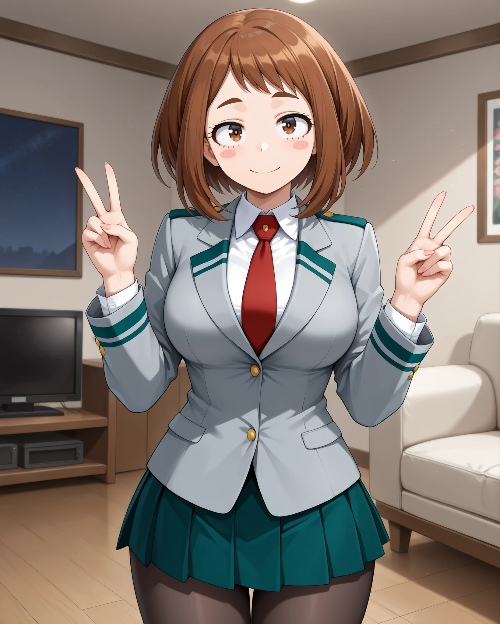 (horny, open eyes, eyes wide open,
peace sign, standing, standing straight, behind view, cowboy shot, head, thighs,) large breasts,
Ochako Uraraka \My hero academia\,
brown hair, brown eyes, short hair, blush stickers, medium breasts,
u.a. school uniform,
grey blazer, long sleeves, blazer,
white collared shirt, white shirt, collared shirt, red necktie,
green pleated skirt, skirt,
pantyhose, black pantyhose,
living room,
1 girl, solo,
newest, bright face, perfect face, expressive eyes, large eyes, big eyes, flatshading, masterpiece, best quality, amazing quality, (cute anime girl, source_anime, milf, motherly, mature female, seductive anime girl, mature_lady, beautiful alluring anime woman,)