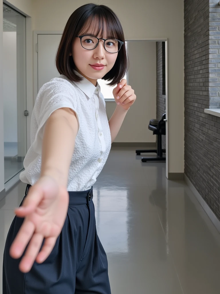 (masterpiece:1.2, highest quality), (Very detailed:1.3), One girl,short hair, Loose fitting T-shirt, Leaning forward, Medium chest, Nipples, Long down blouse,Red frame glasses、entrance
