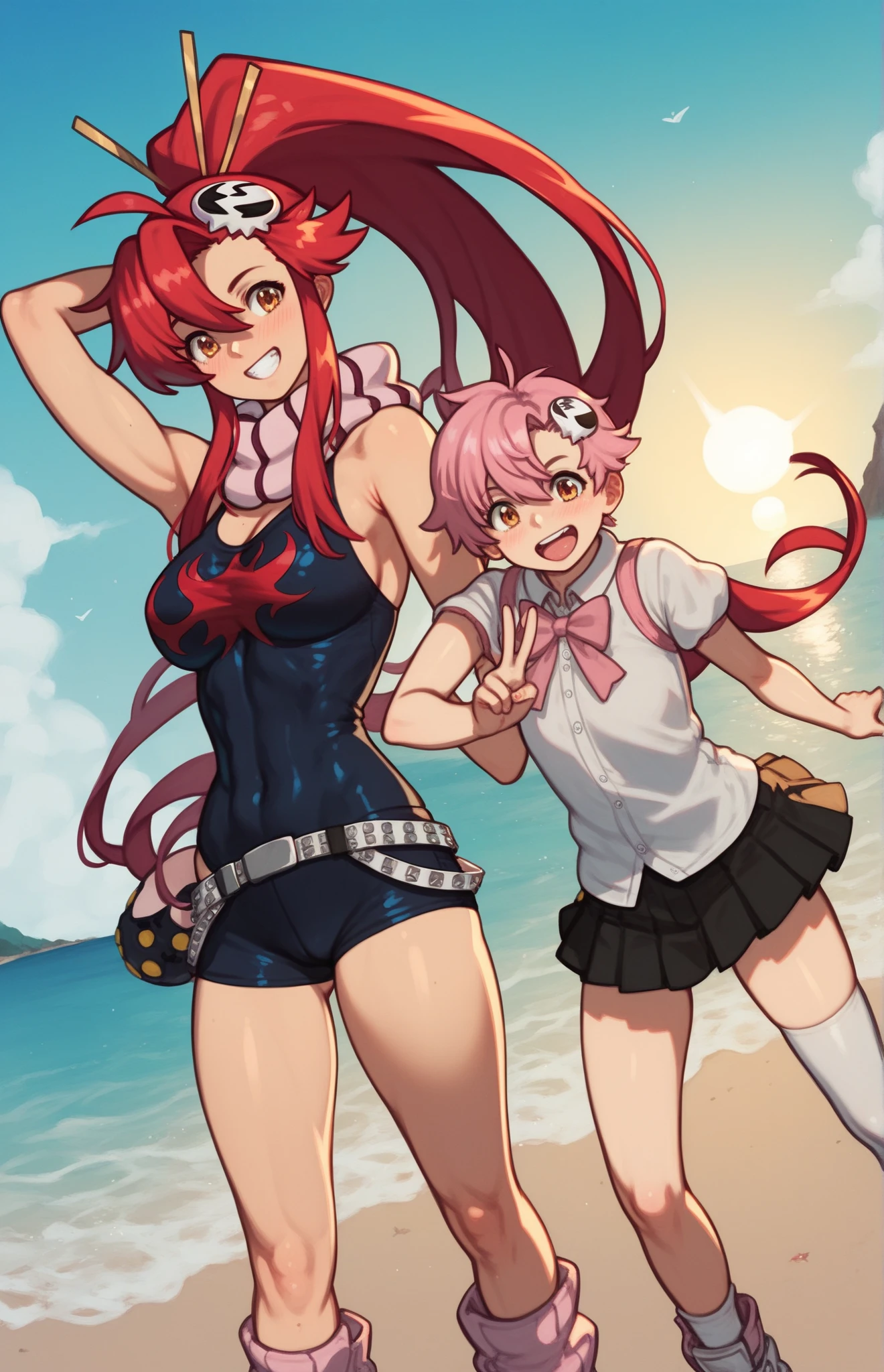 some pretty anime characters fighting over water with one another over the top of them a sun blushing lewd face while wearing very tight boots micro bikini