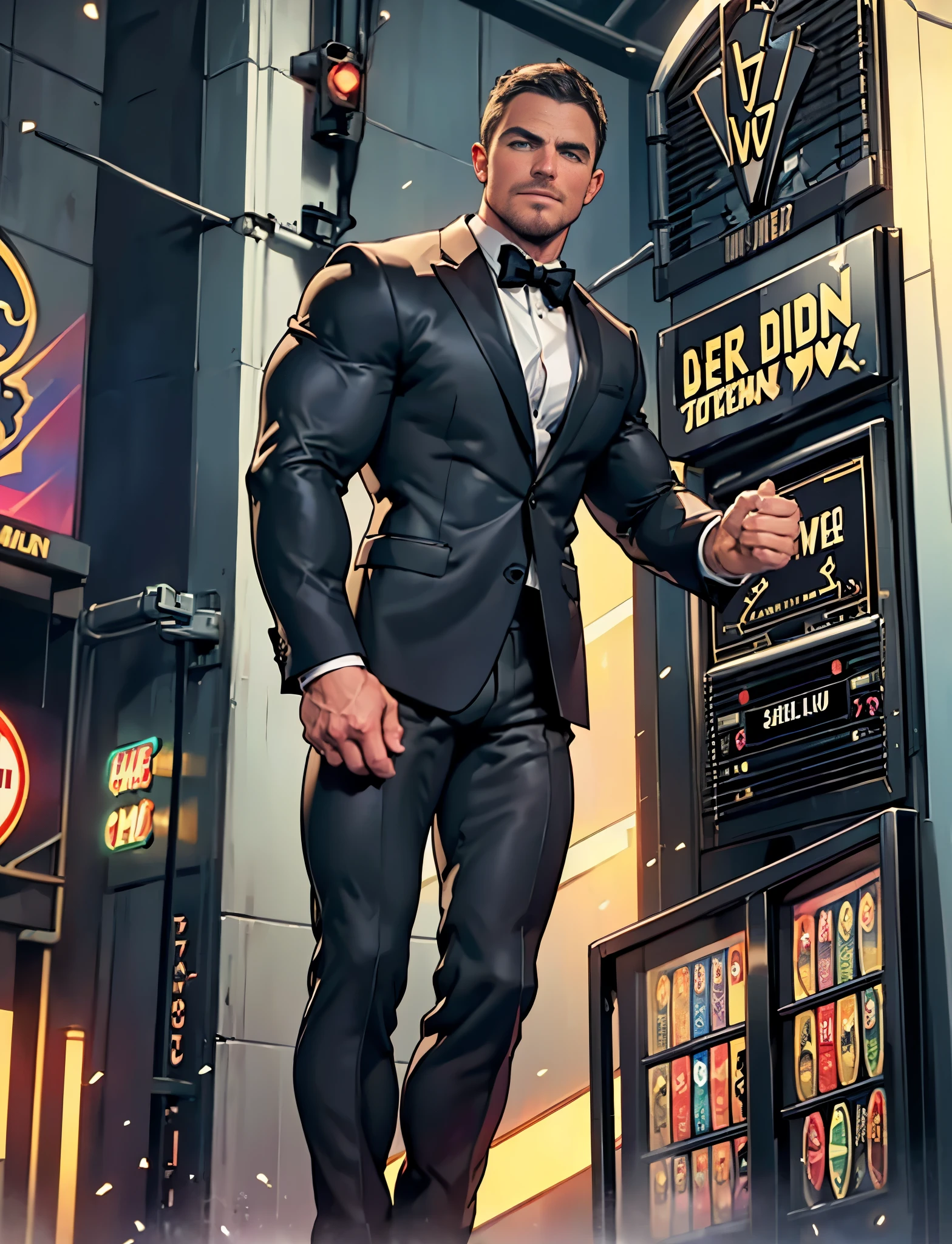 lustration in Leyendecker style : Muscular and pumped-up Prince Harry as James Bond , Agent 007, in an expensive suit