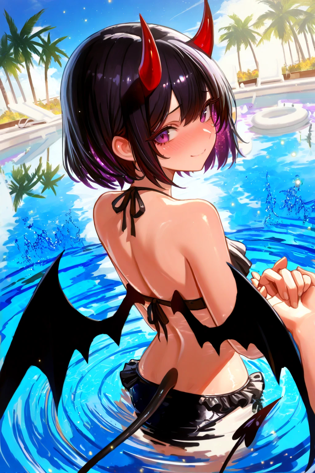 Black short-haired girl with doll head and flat chest,Demon horn,swimsuit,thigh,Standing