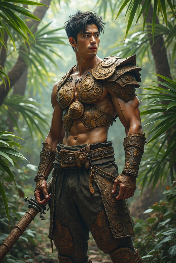 handsome teenager wearing a very short green roman tunic and holding a spear, cabelo preto muito curto, fundo da floresta, shirtless