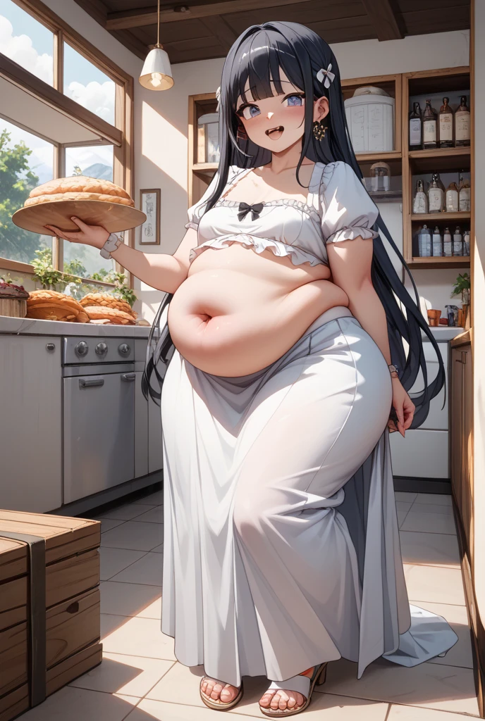 fat, big belly, chubby, osaragi, chubby, black lace dress, black veil, holding icecream in a restaurant, sitting, table with desserts, grabbing her belly