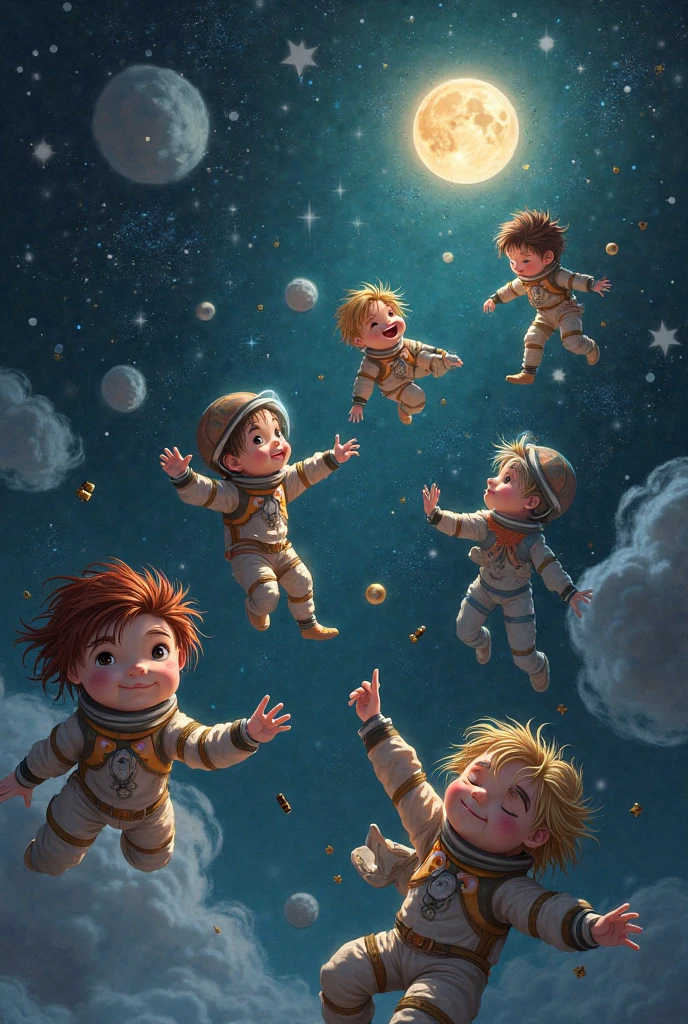 Many children wear a astronaut suit floating in space are learning about planet and spere