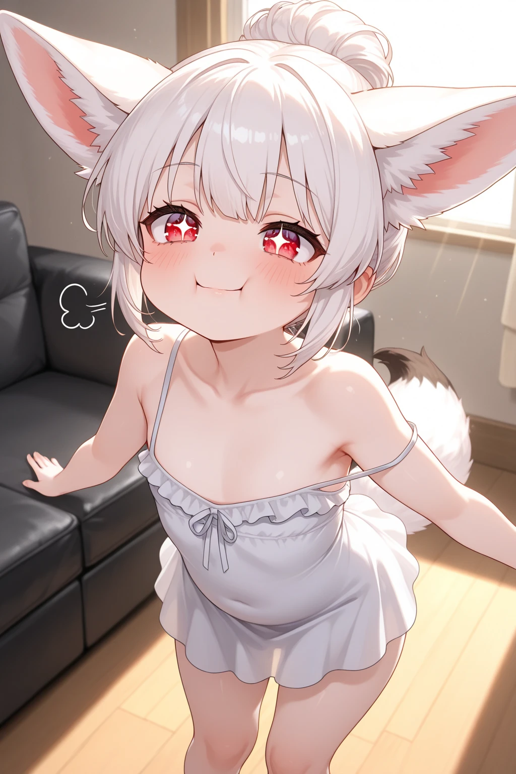 (young :1.3),furry,light grey fur,long hair,shy face,smile,full face blush,naked,night,light and shadow,luxury room,white curtain,building,white light,fullmoon,upper body only,open mouth,heavy breath,soak armpits,show armpits