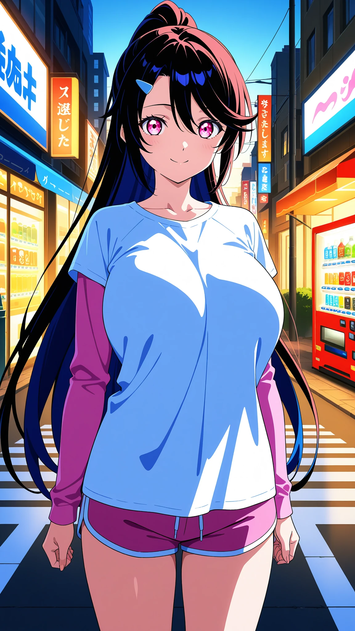 Anime style, women ,without clothes , long Tshirt, tits standing out from under clothing,huge-breasted,night, Full Moon , ponytail hair, ironed hair, illustration drawing body, sweet smile ,high detailed, high quality, ultra HD, smooth, shiny body, glowing Big eyes, cinematic picture,