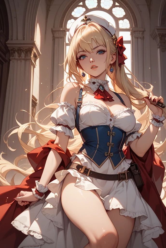 ((best quality)), ((masterpiece)), (detailed), ((Finest quality)), NSFW, small breasts, prominent collarbones, skinny arms, flat stomach, visible hip bones, long hair, red hair, white hair, blonde hair, dark hair, ponytail, thick ponytail, heavy ponytail, red and white clothing, Bloodborne inspired, occult aesthetic, occult, detailed and intricate steampunk and detailed gothic, NSFW Fluttering lace frilly petticoats, pleated petticoats