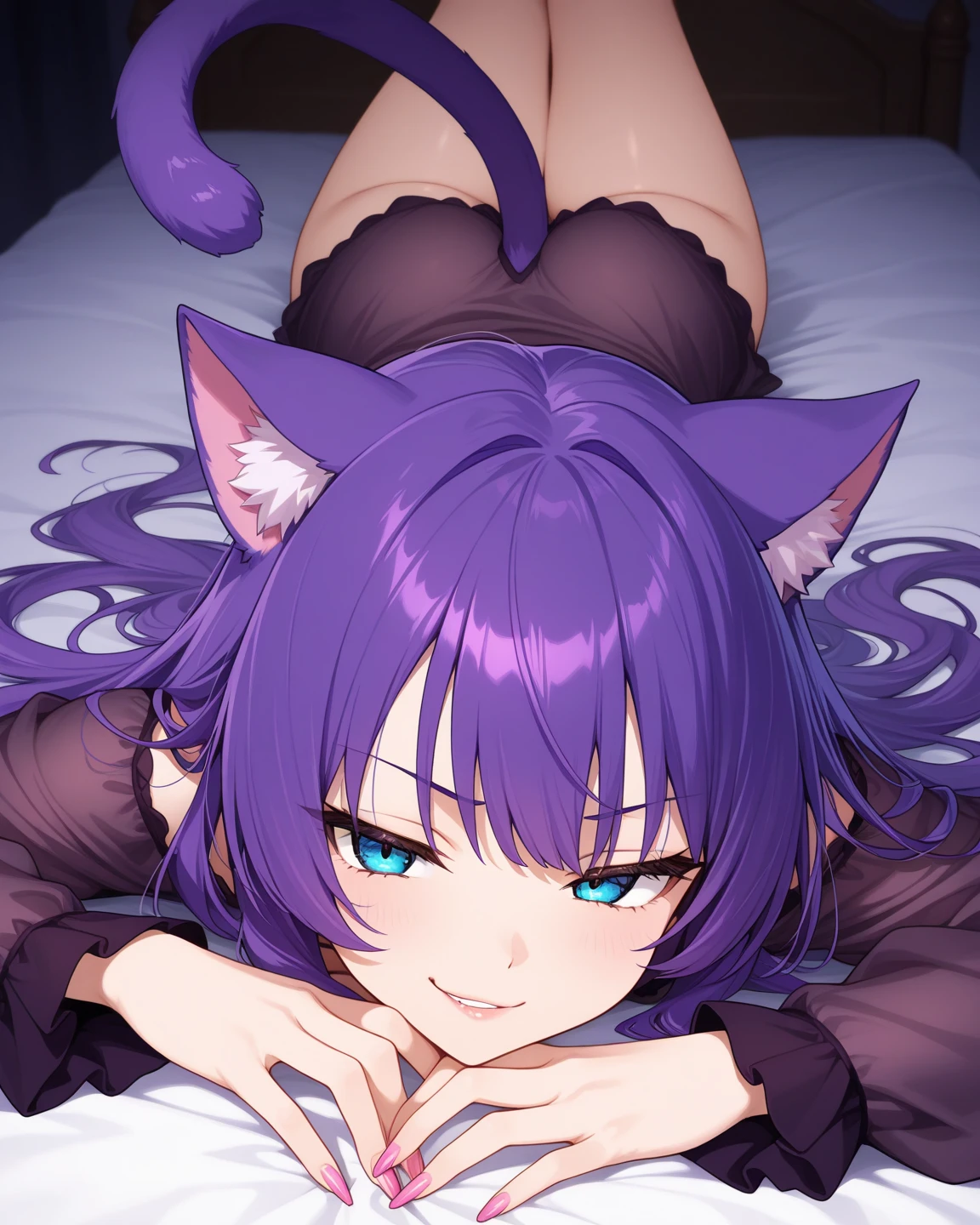 Animal ears, Purple eyes, Purple Hair, Large Breasts, Cat ear, tail, Ahoge, cat tail, Both sides up, Long Hair, bangs, Animal earsの毛, Cat girl,Virtual YouTuber,Completely naked,Blowjob,