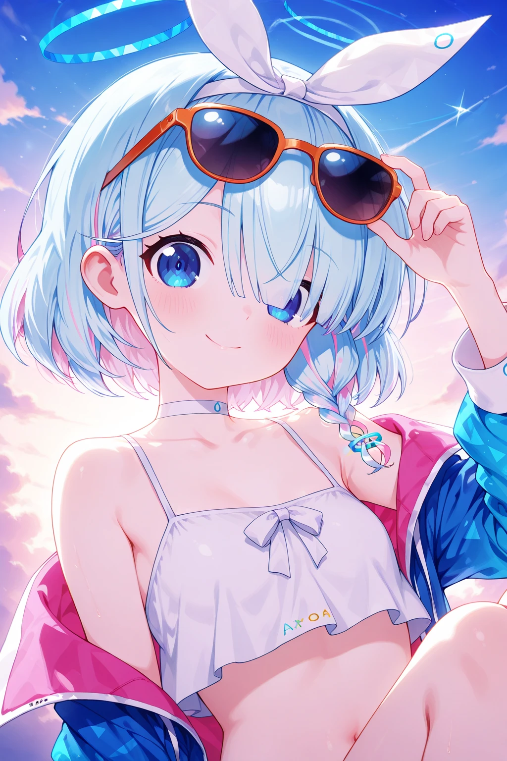 (colorful, promotional art, album cover, shadow, light particles), (rem \(re:zero\):1.0), blue eyes, short hair, hair over one eye, (light blue hair), head wreath, (striped bikini), blue bikini, medium breasts, beach, looking at viewer, light smile, standing, (cowboy shot), leaning forward, fisheye, outdoors, (sunset), ocean, glasses, <lora:rainbow:0.5>