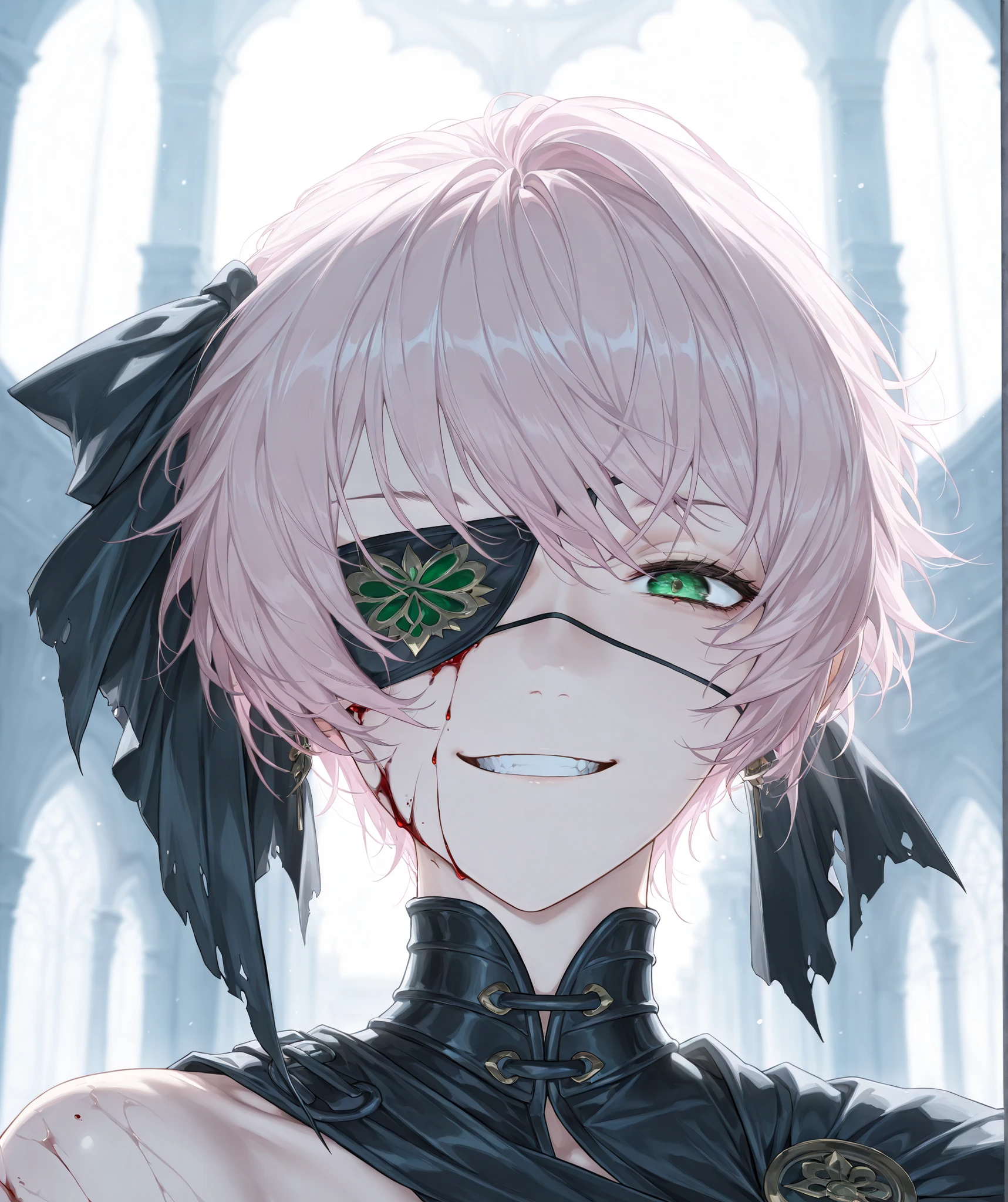 (face focus,angled shot, diagonal, medium shot:1.22), dynamic pose, three quarter shot, looking at viewer, mature, 1girl, solo, mature, masterpiece, best quality, amazing quality, very aesthetic, high resolution, ultra-detailed, dramatic lighting, absurdres, arrogant expression, head tilt up, jawline, scenery, LionLimbus, Wuthering Waves nobody, green eyes, pink hair, short hair, ponytail, scarred arms, celtic clothes, roman armour, high tech nanoweave, grin, eyepatch, bleeding eye, exposed shoulder, temple warrior, half cape, shoulder cape, gothic architecture