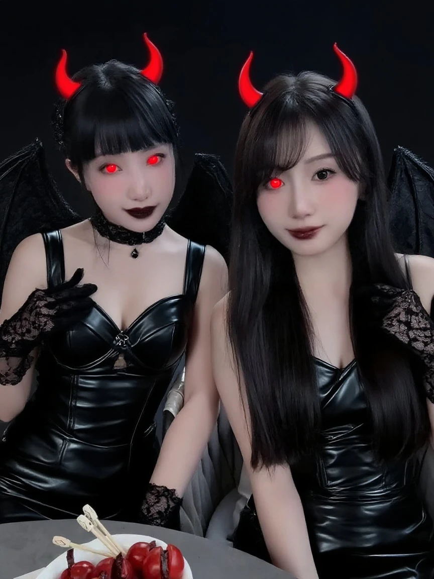 best quality,ultra-detailed,realistic:1.37,2girls,devilish women,dark and mysterious,sharp focus,physically-based rendering,hellish background,red and black color scheme,dramatic lighting,glowing eyes,devil horns,long flowing hair,demonic makeup,sinister smiles,ominous atmosphere,contrast and shadows,evil and seductive,thorny vines,lingering smoke,hauntingly beautiful,witch-like appearance,sinister elegance,enchanted forest,magical and ethereal,temptation and forbidden desires,intense and captivating,devilish charm